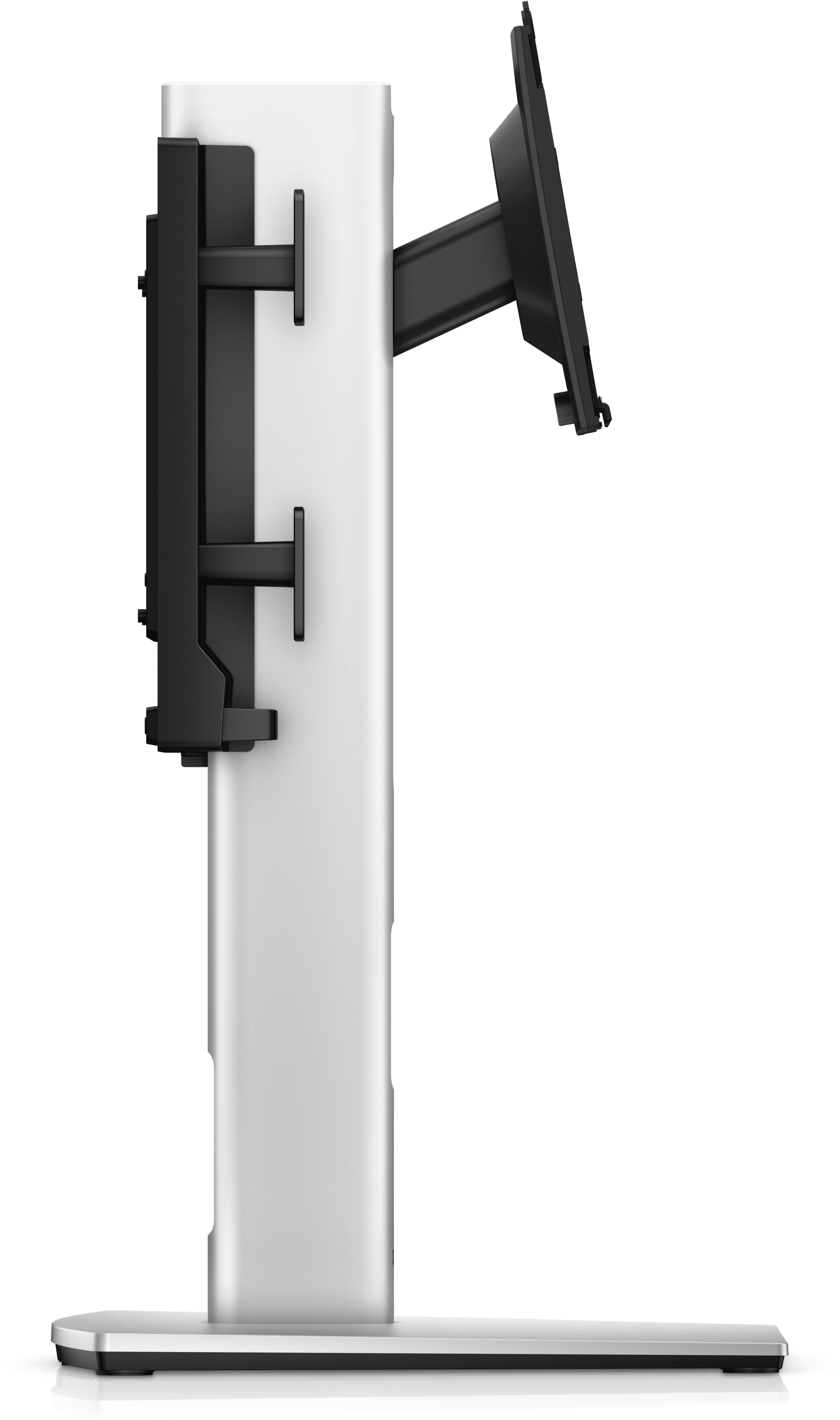 Support de moniteur avec moniteur fixé. Argent et noir.