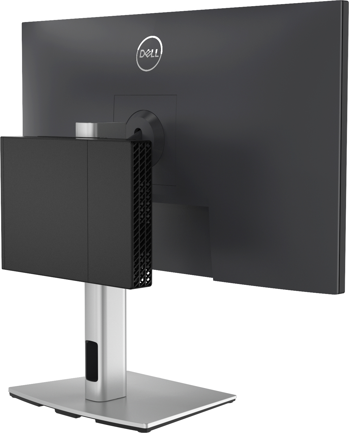 Arrière d'un moniteur noir avec un logo Dell, un mini-PC noir attaché, monté sur un support argenté.