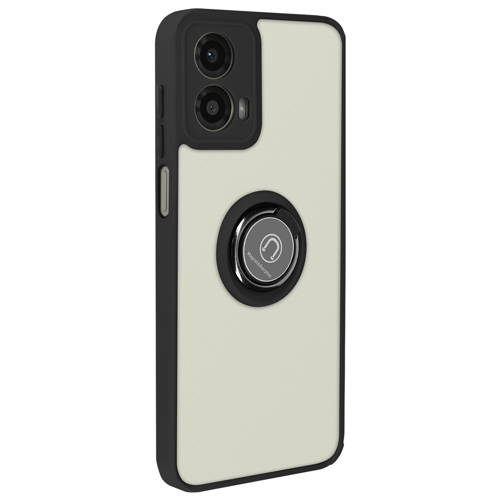 Custodia bianca per telefono con un anello nero. Ha una cornice per fotocamera nera.
