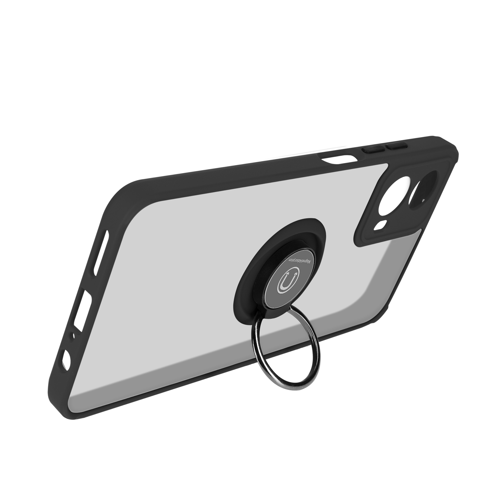 Custodia per telefono nera con anello di supporto, retro trasparente e bordi neri.