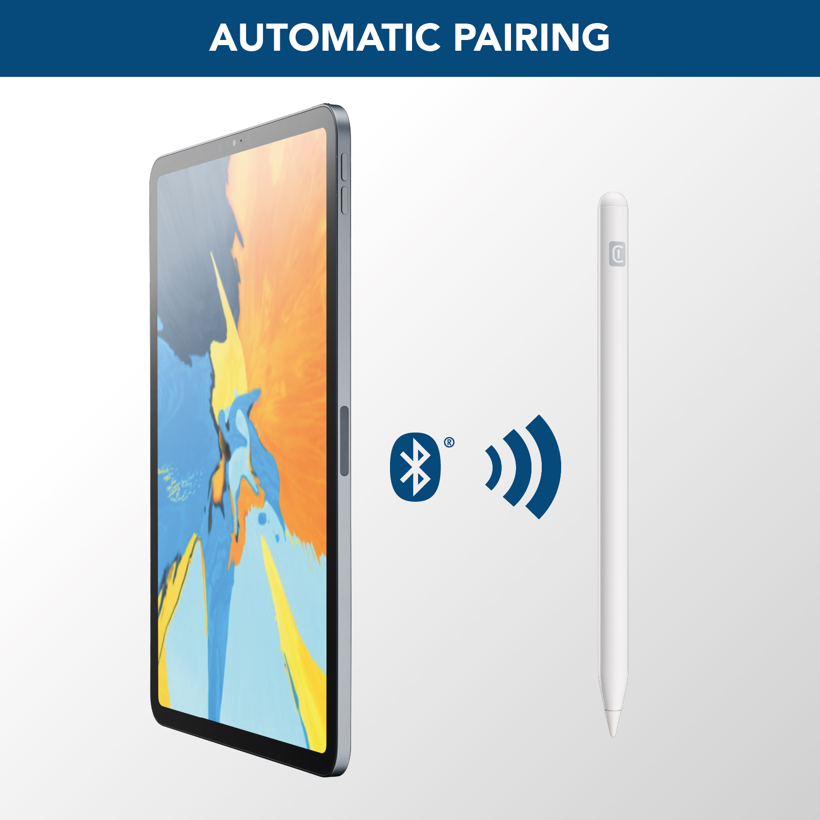 Ein Tablet mit einem Stift und einem Bluetooth-Symbol. Der Text *AUTOMATISCHE KOPPLUNG* steht oben.