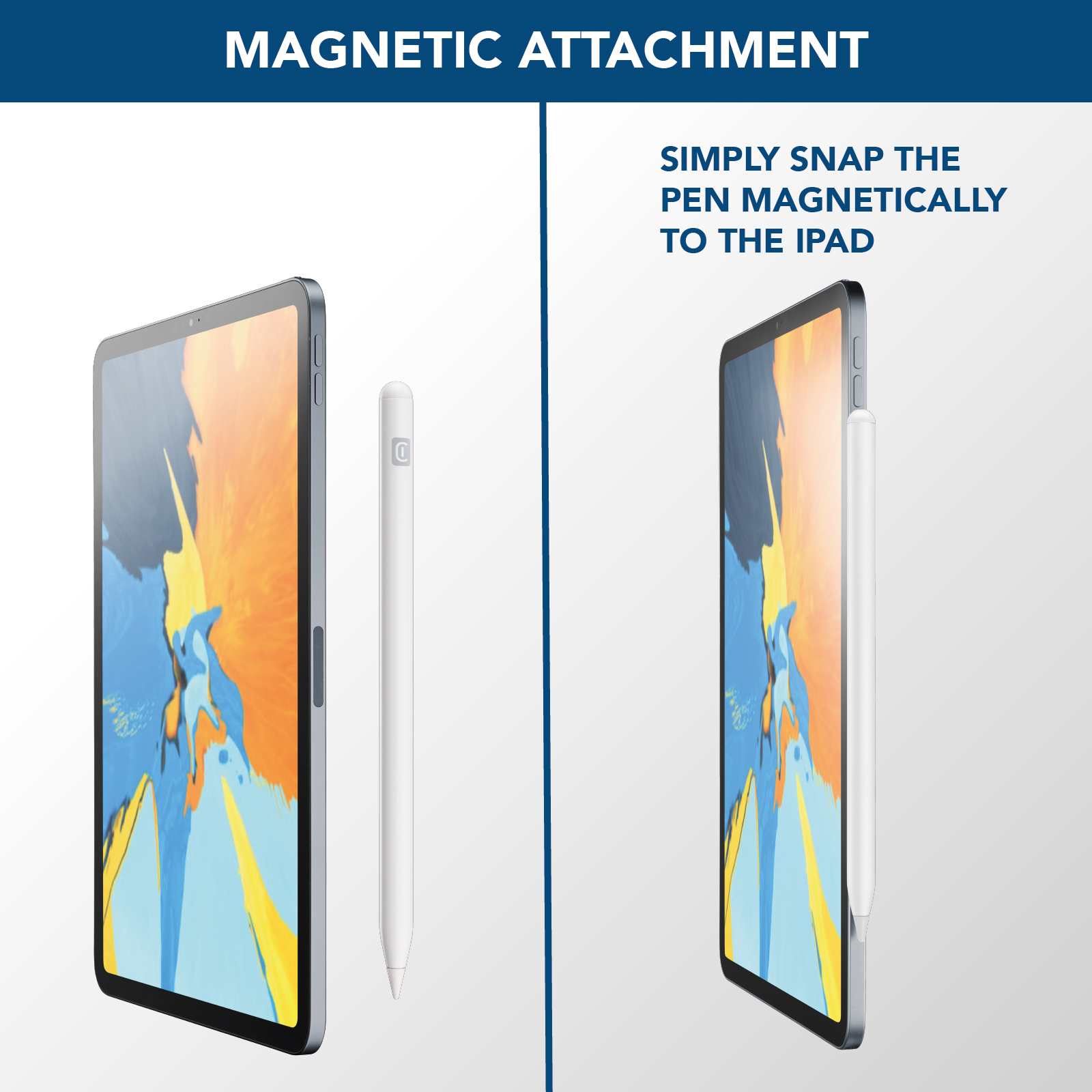 Zwei iPads mit einem weißen Stift, die die magnetische Befestigungsfunktion zeigen. Heller Hintergrund.