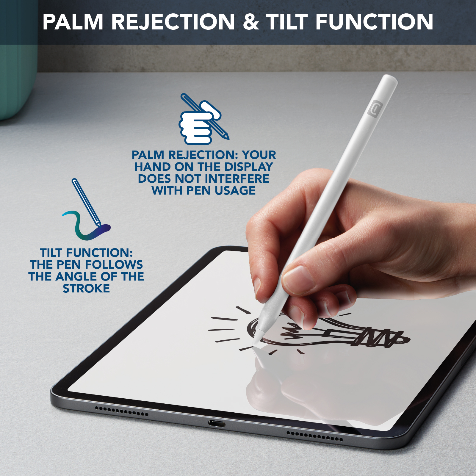 Eine Hand zeichnet mit einem Stift auf einem Tablet. Text erklärt Handflächenabweisung und Neigefunktion.