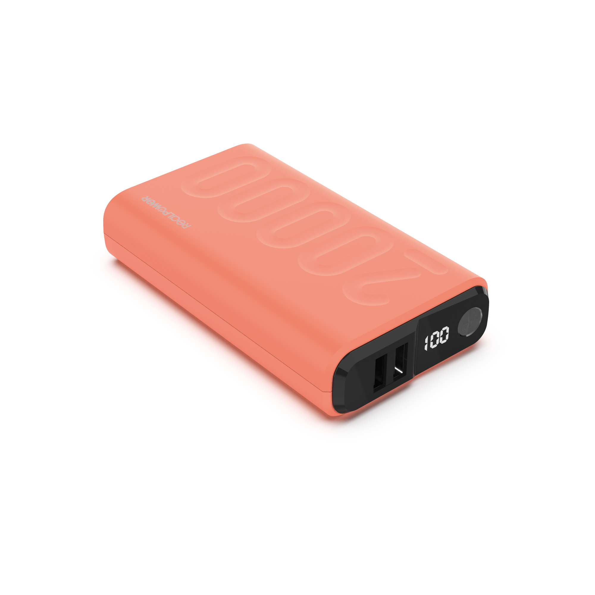 Power bank color corallo con display digitale e due porte di ricarica.