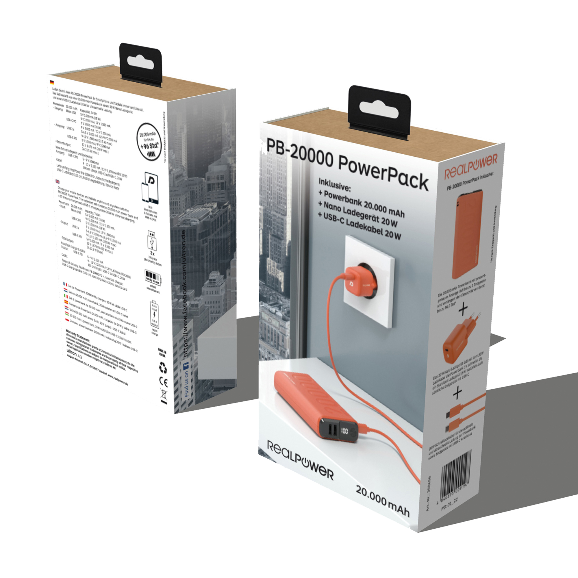 Due scatole, una aperta, che mostrano un power bank e un caricabatterie. Accenti arancioni, sfondo bianco.