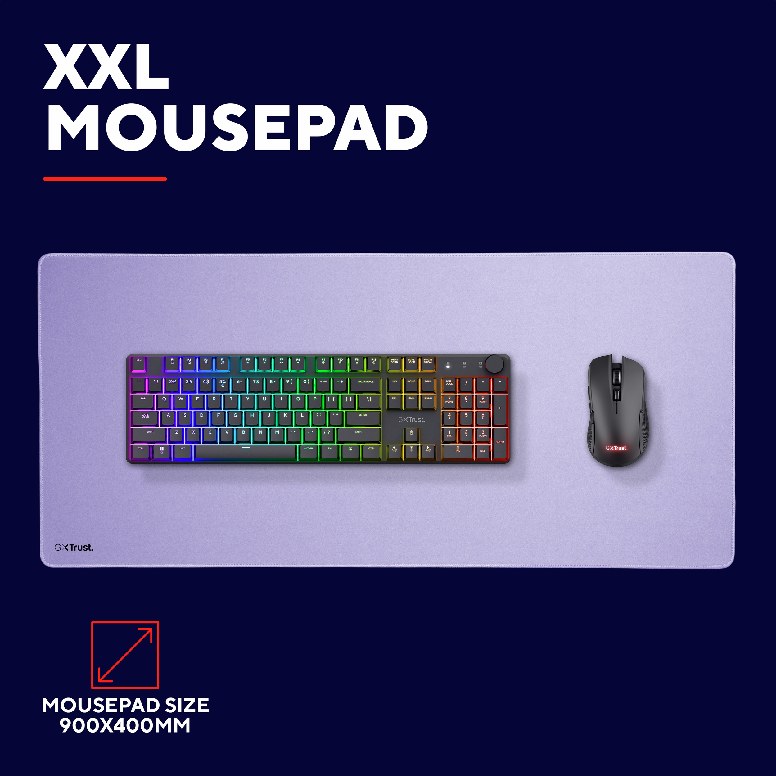Podkładka pod mysz XXL z klawiaturą i myszą. Tekst: Podkładka pod mysz XXL, rozmiar 900x400mm.