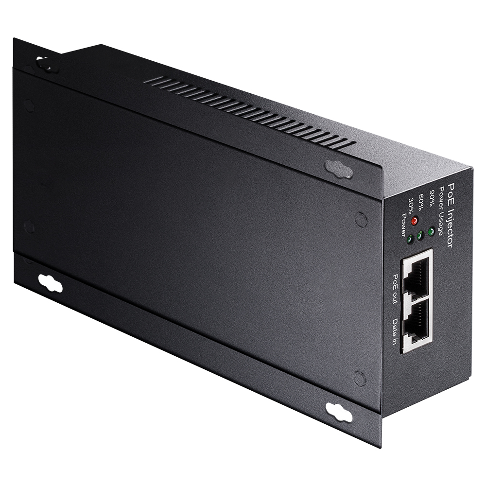 Schwarzer PoE-Injektor mit Ethernet-Anschlüssen und Leistungsanzeigen.