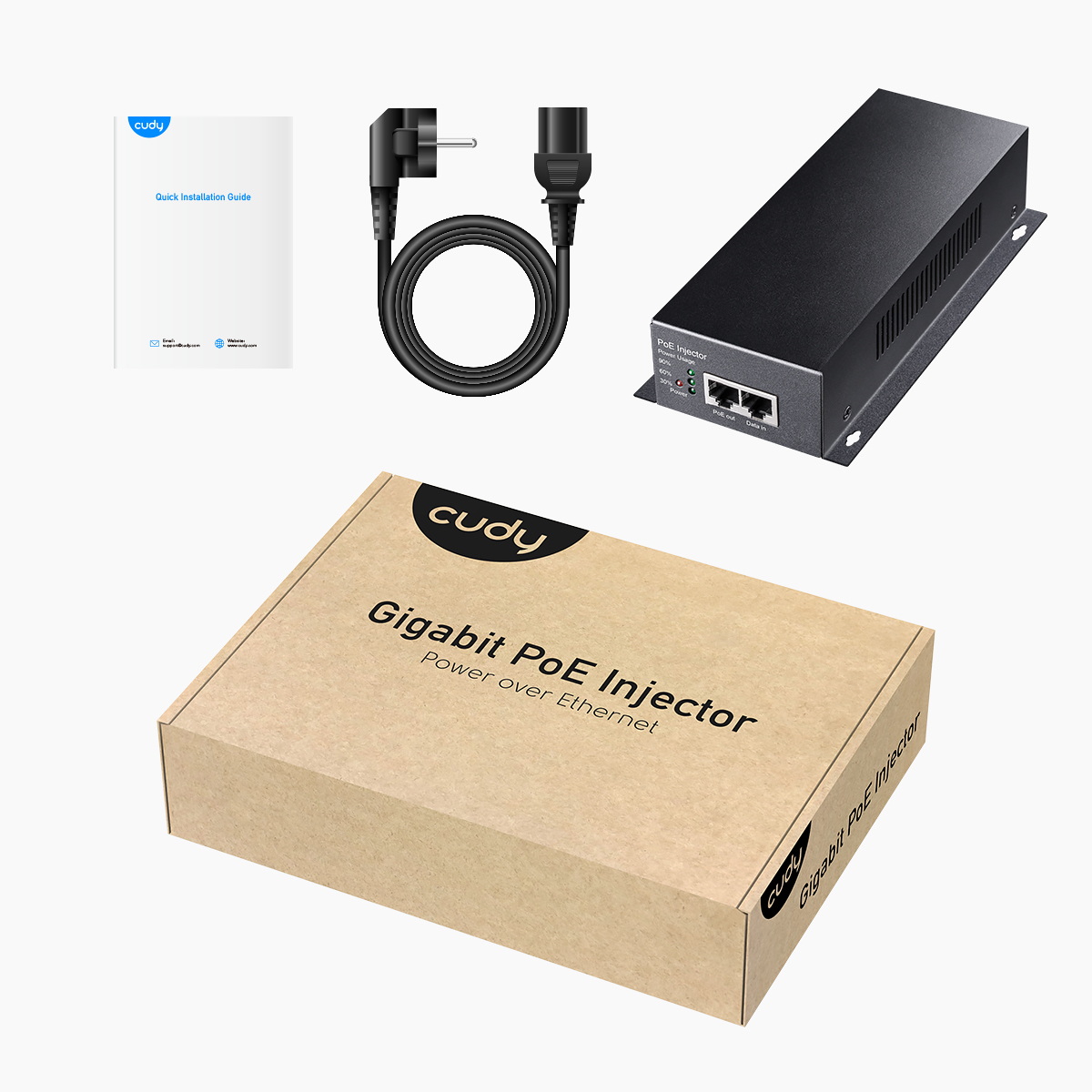 Eine Box, eine Kurzanleitung und ein Netzteil. Die Box ist braun und mit 'Gigabit PoE Injector' beschriftet.
