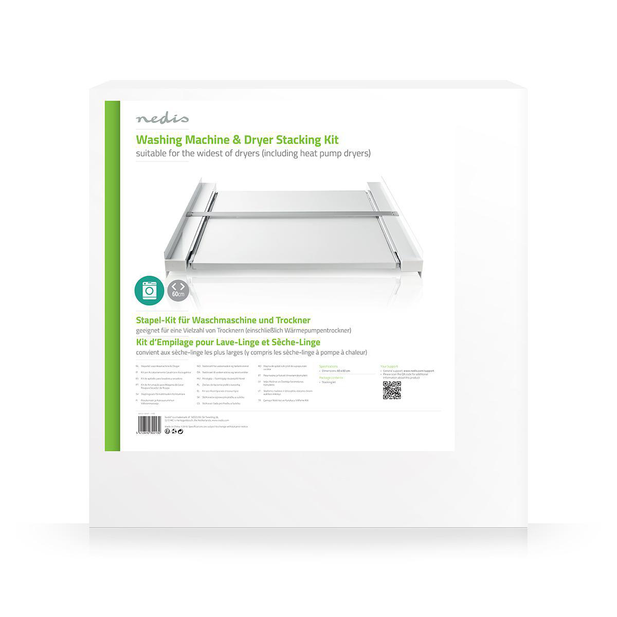 Nedis washing machine and dryer stacking kit packaging. White background.
