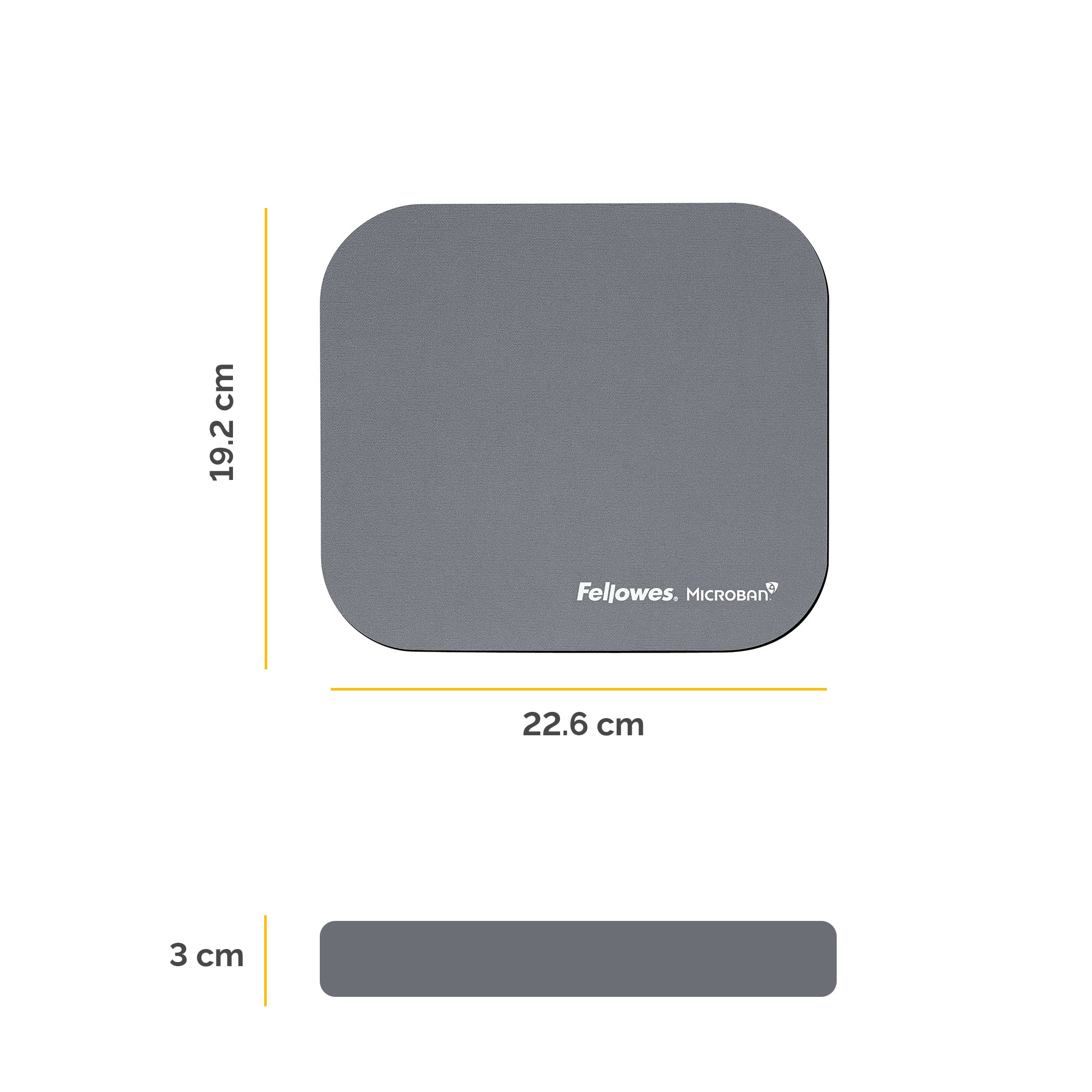 Tappetino per mouse quadrato grigio con angoli arrotondati. Misure di 19,2x22,6x3 cm.