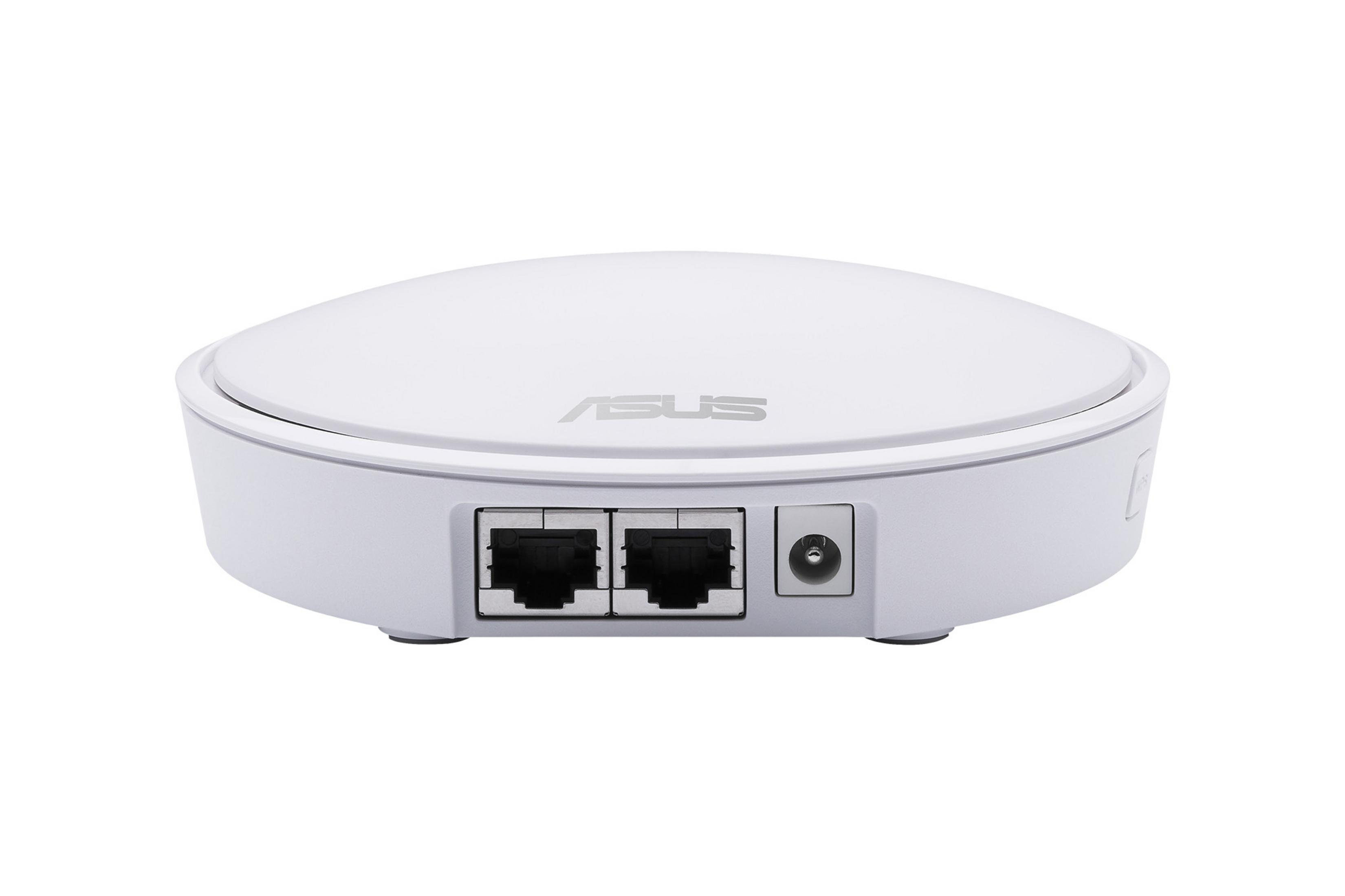 Beyaz ASUS yönlendirici. Arkada iki Ethernet bağlantı noktası ve bir güç bağlantı noktası. Beyaz arka plan.