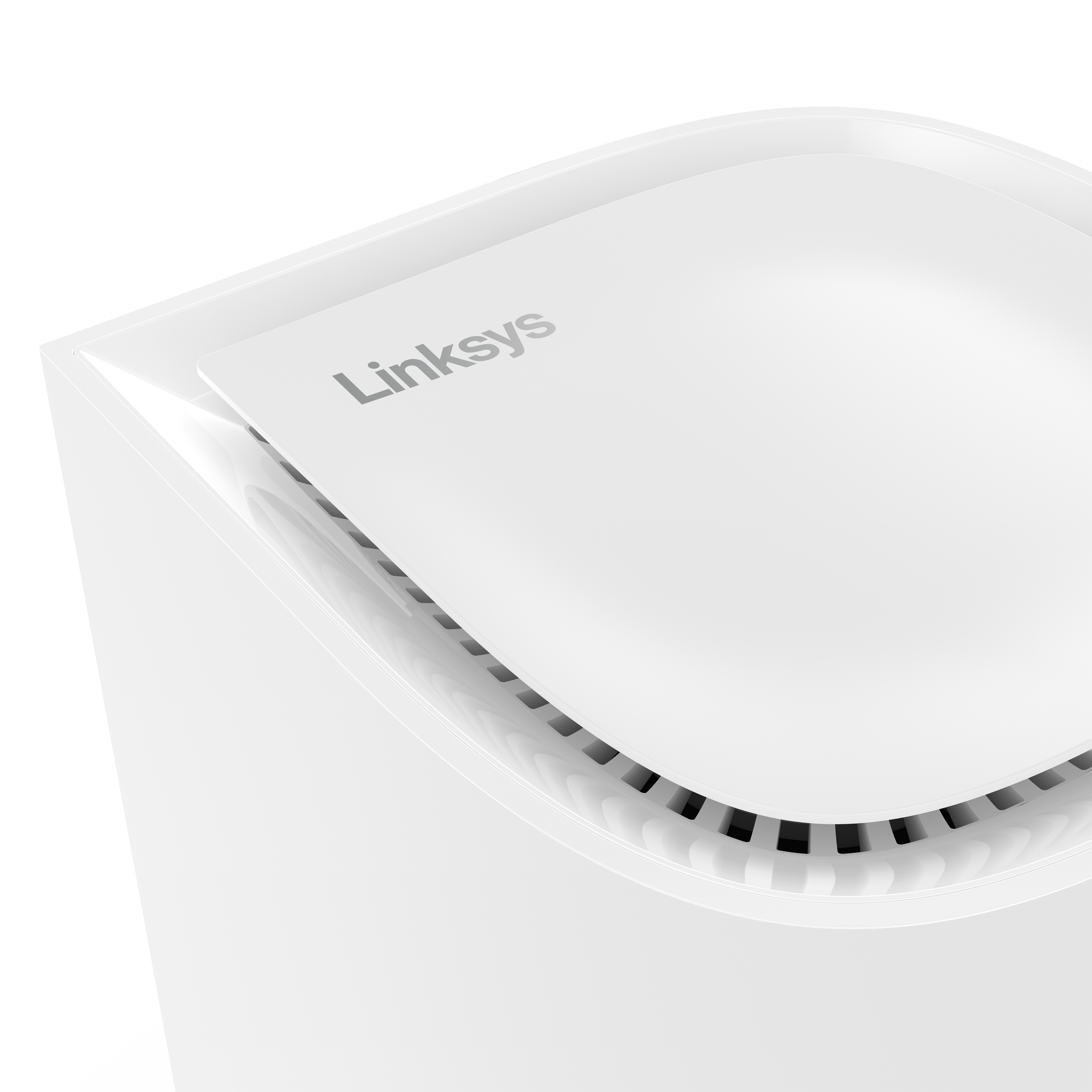 Router Linksys bianco. Vista dall'alto, marchio visibile.
