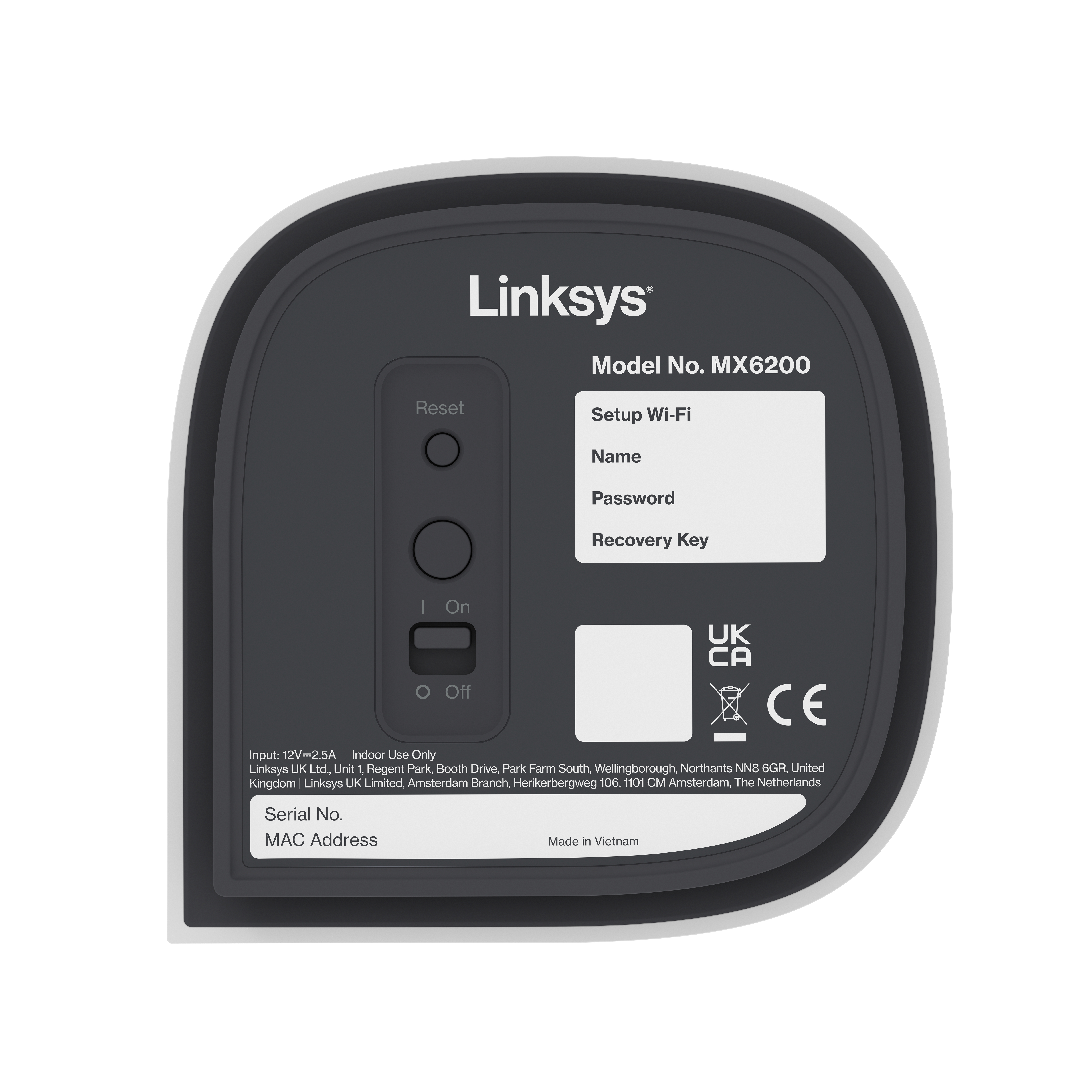 Dispositivo Linksys nero con etichette di testo. Ha un bordo grigio.
