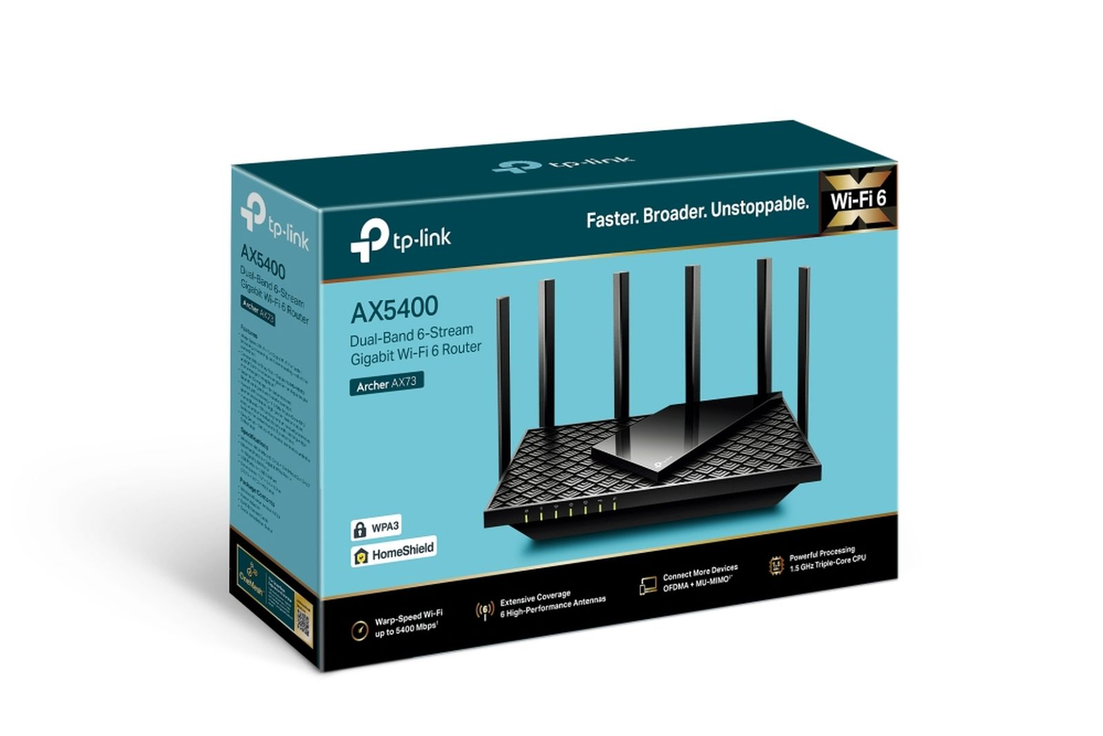 Pudełko routera Wi-Fi 6 TP-Link z antenami, białe tło.