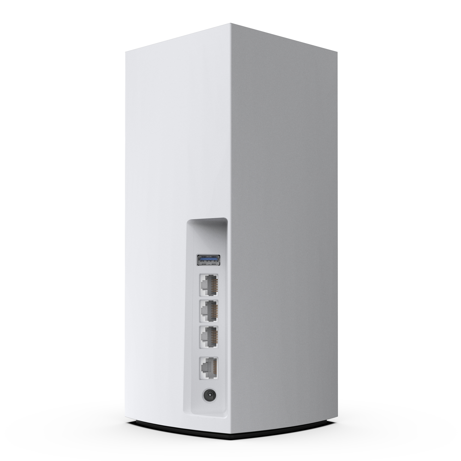 Weißer Router mit Ethernet-Anschlüssen. Weißer Hintergrund.
