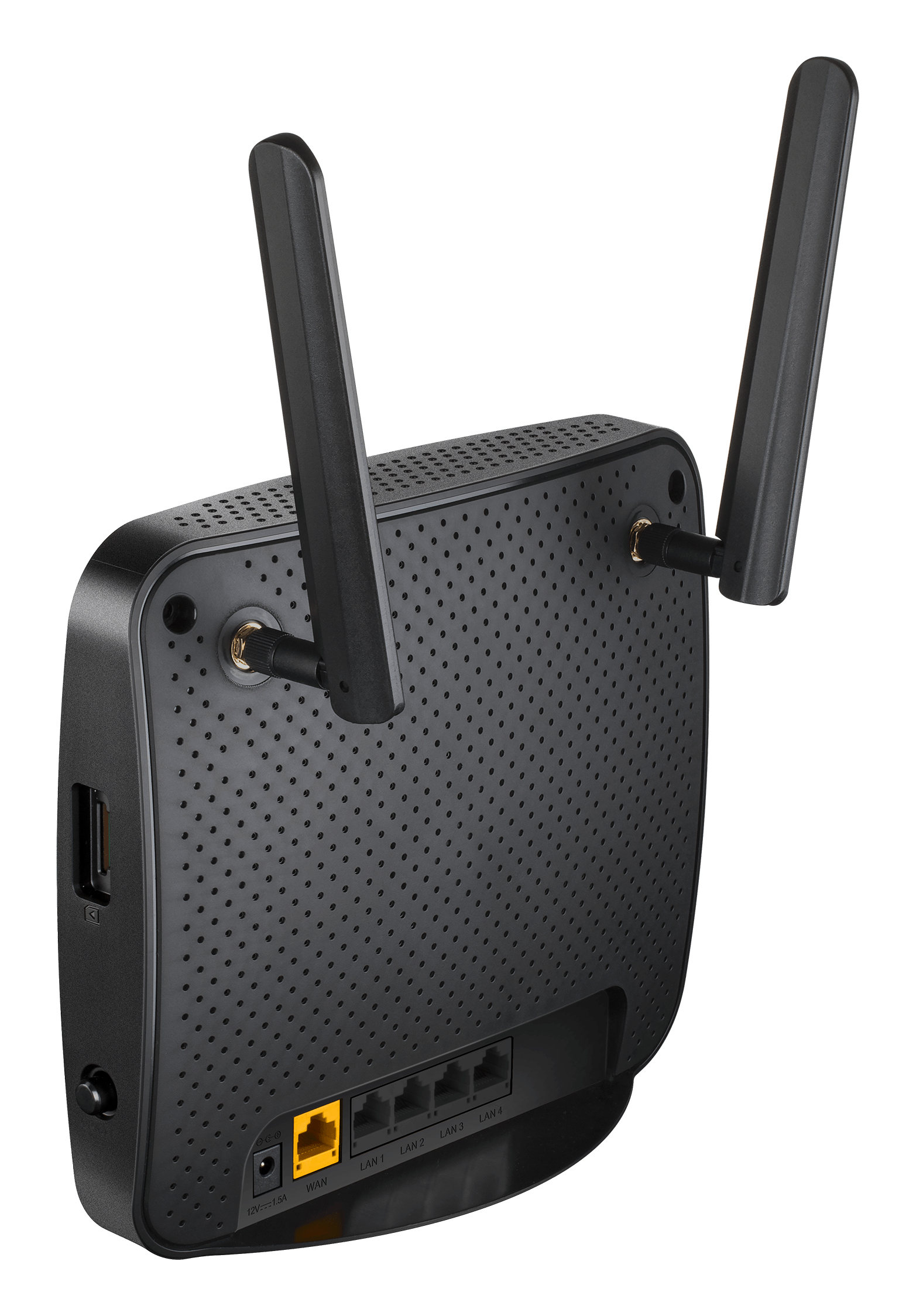 Schwarzer Router mit Antennen und Anschlüssen, isoliert auf weißem Hintergrund.