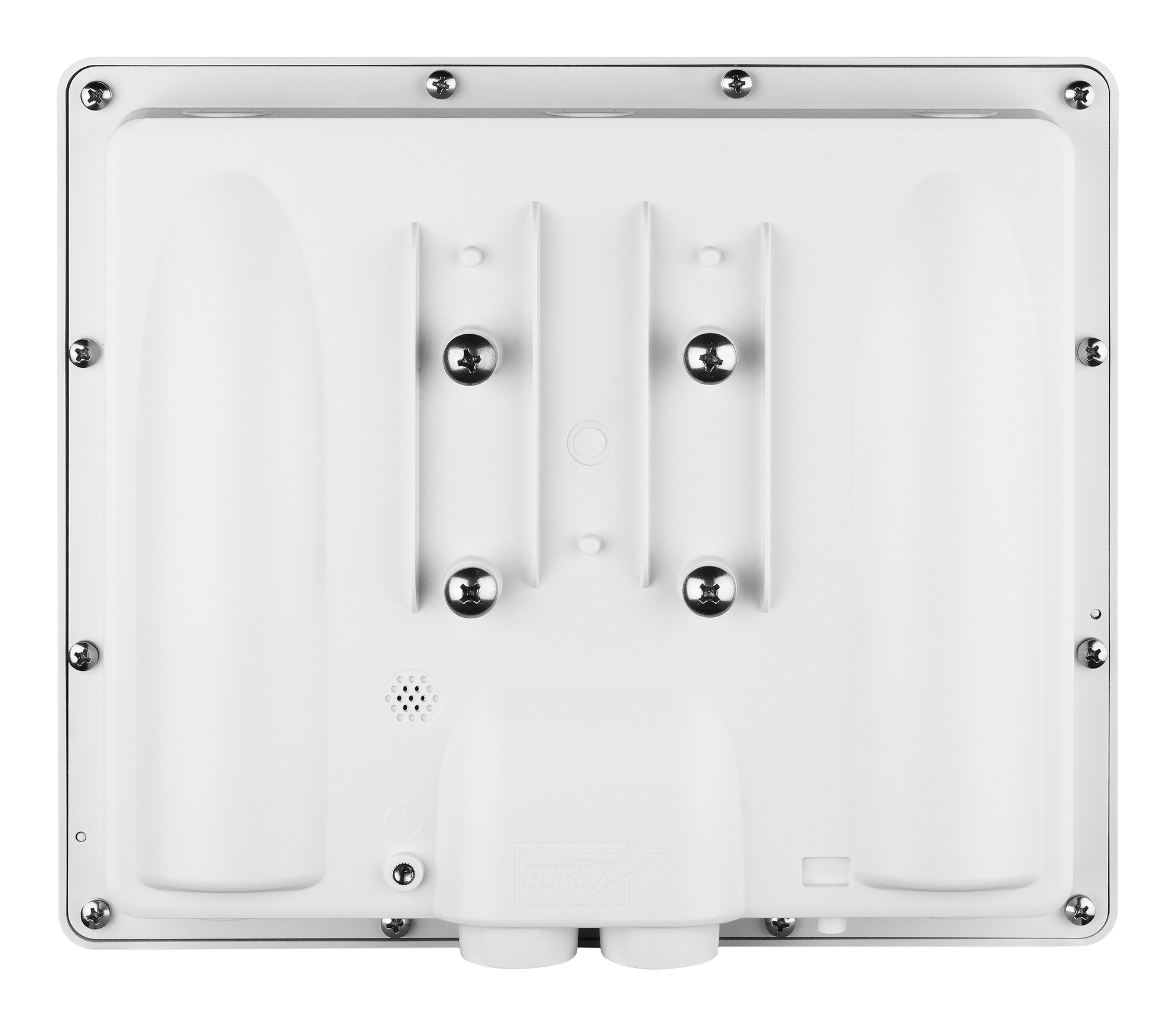 Tył białej anteny. Posiada śruby i porty połączeniowe.