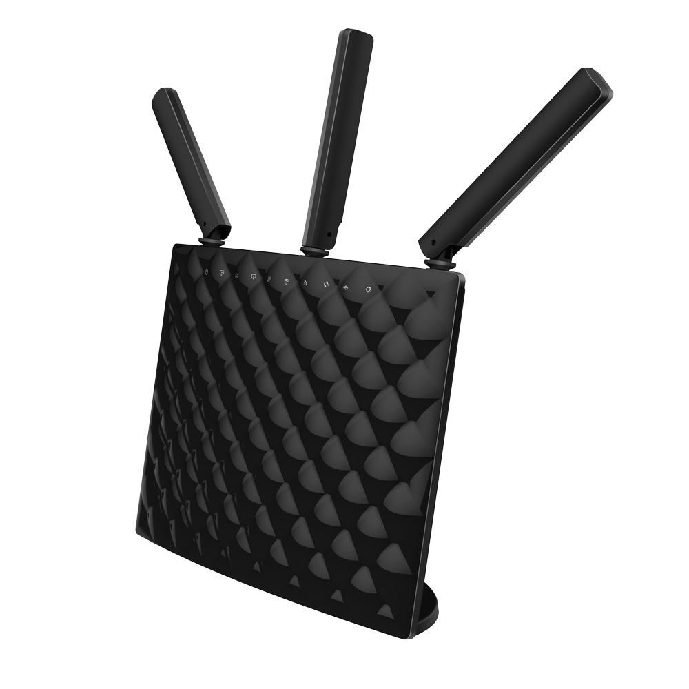 Enrutador negro con tres antenas. El enrutador está en ángulo, sobre un fondo blanco.