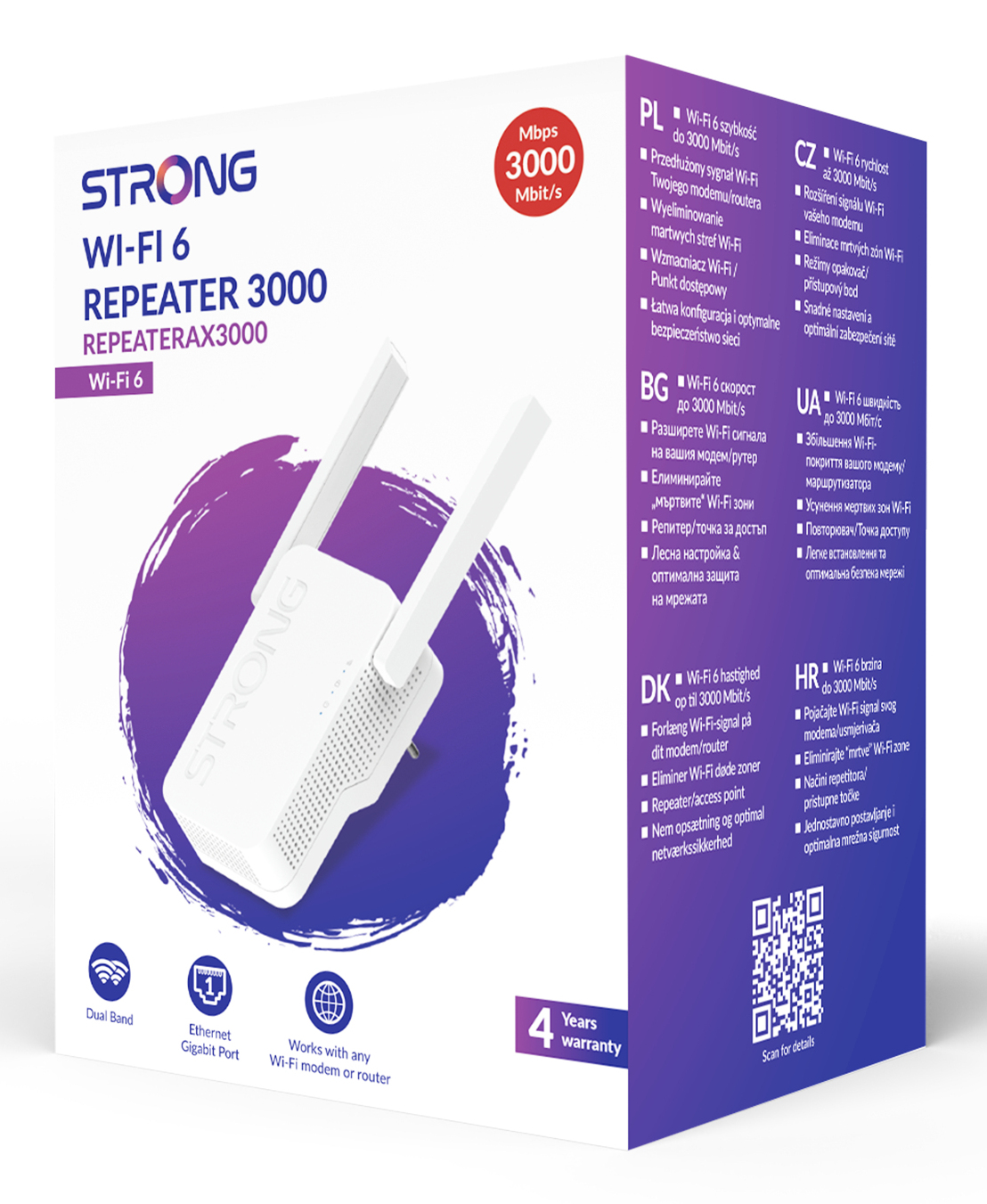 Białe pudełko Strong Wi-Fi 6 Repeater 3000, z tekstem i grafiką. Fioletowe i białe tło.