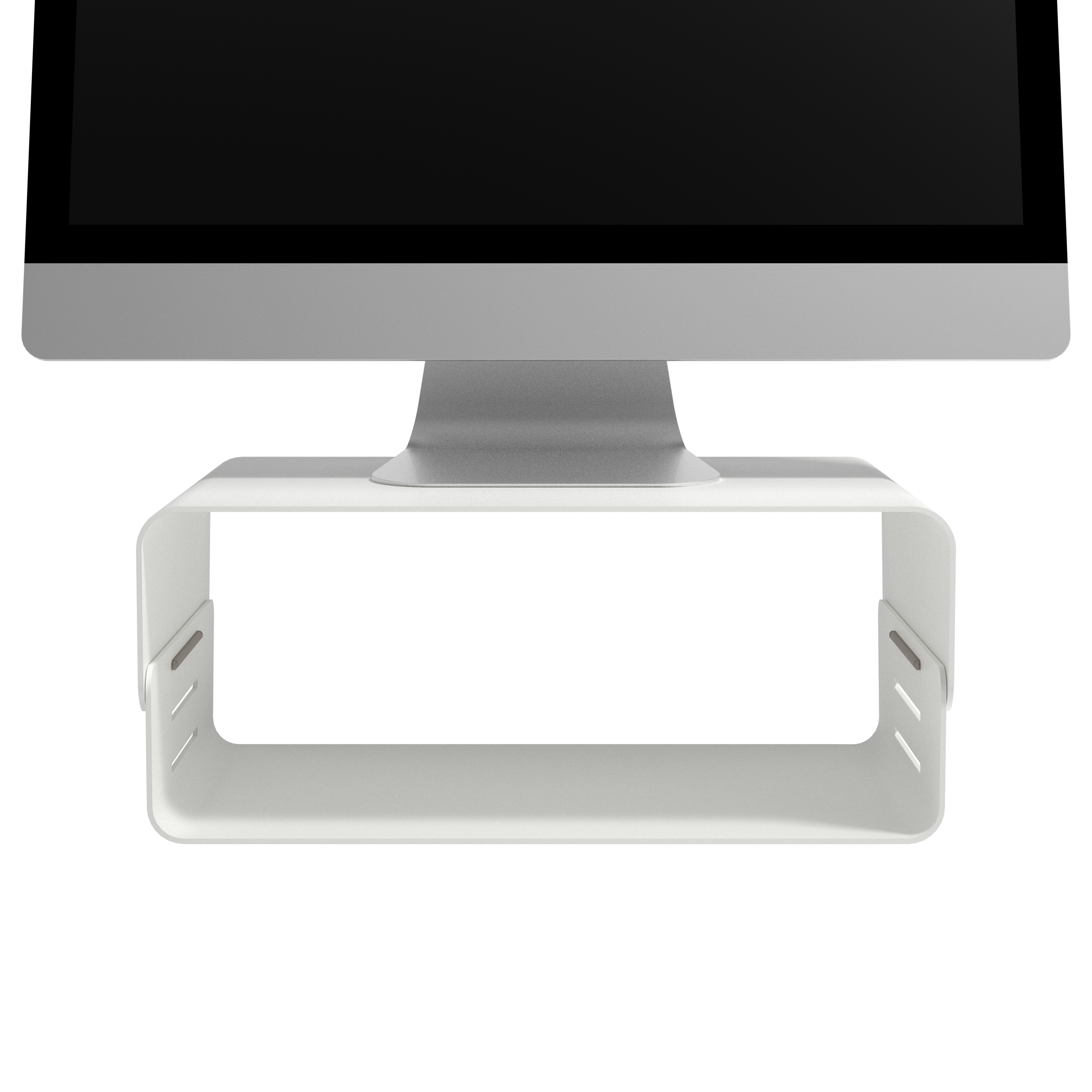 Mensola da scrivania bianca con un monitor, sfondo bianco.