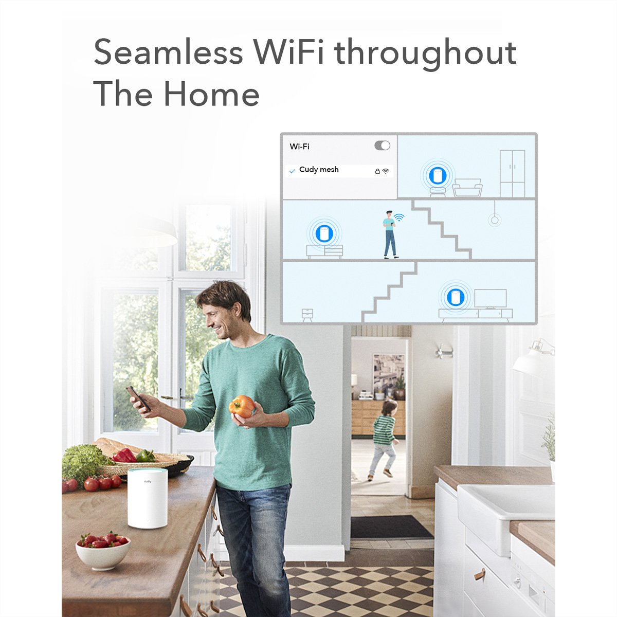 Mann hält Telefon in der Nähe eines Routers auf der Arbeitsplatte, Diagramm zeigt WLAN-Abdeckung im Haus.