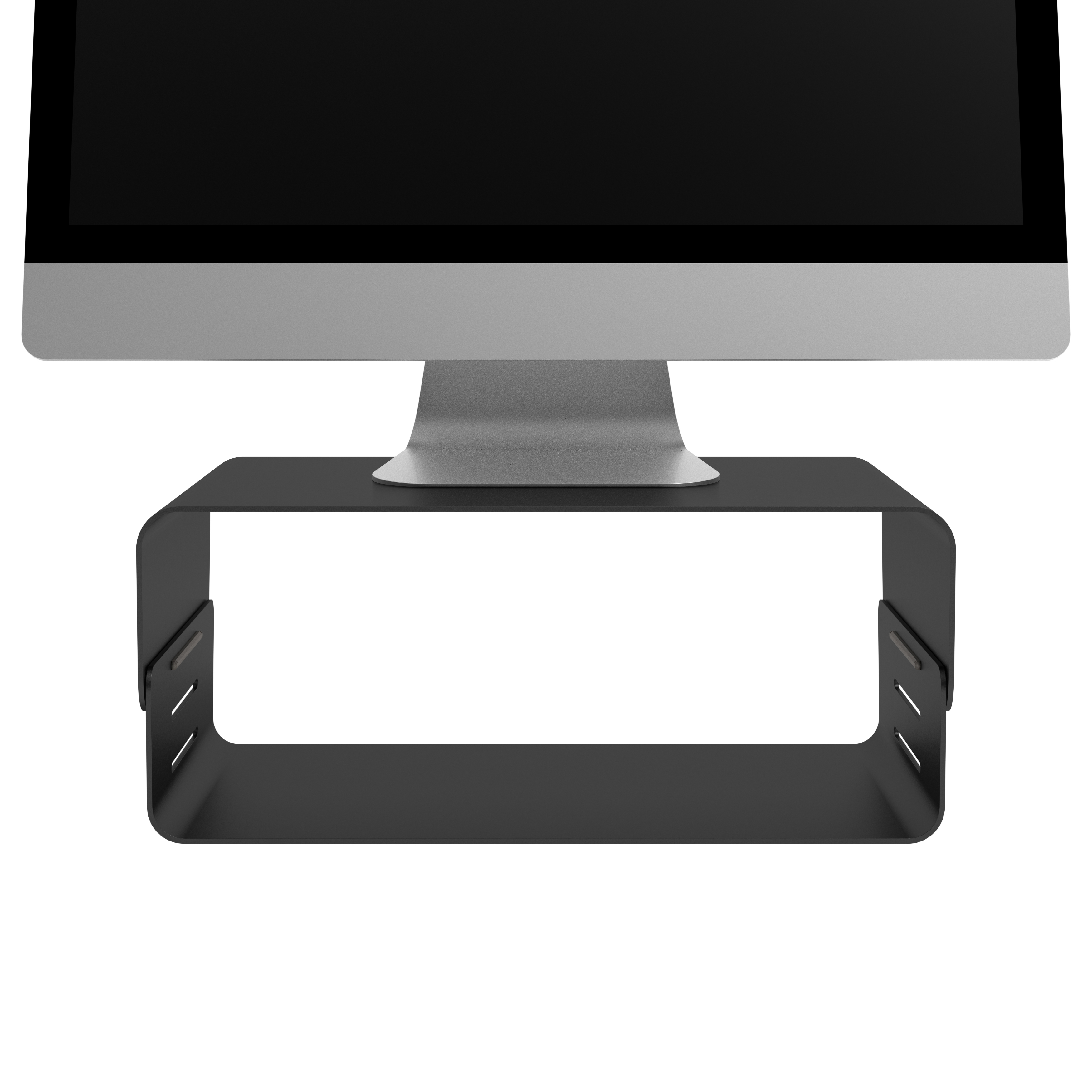 Supporto per monitor nero di fronte a un monitor. Il supporto ha un design a forma di U.