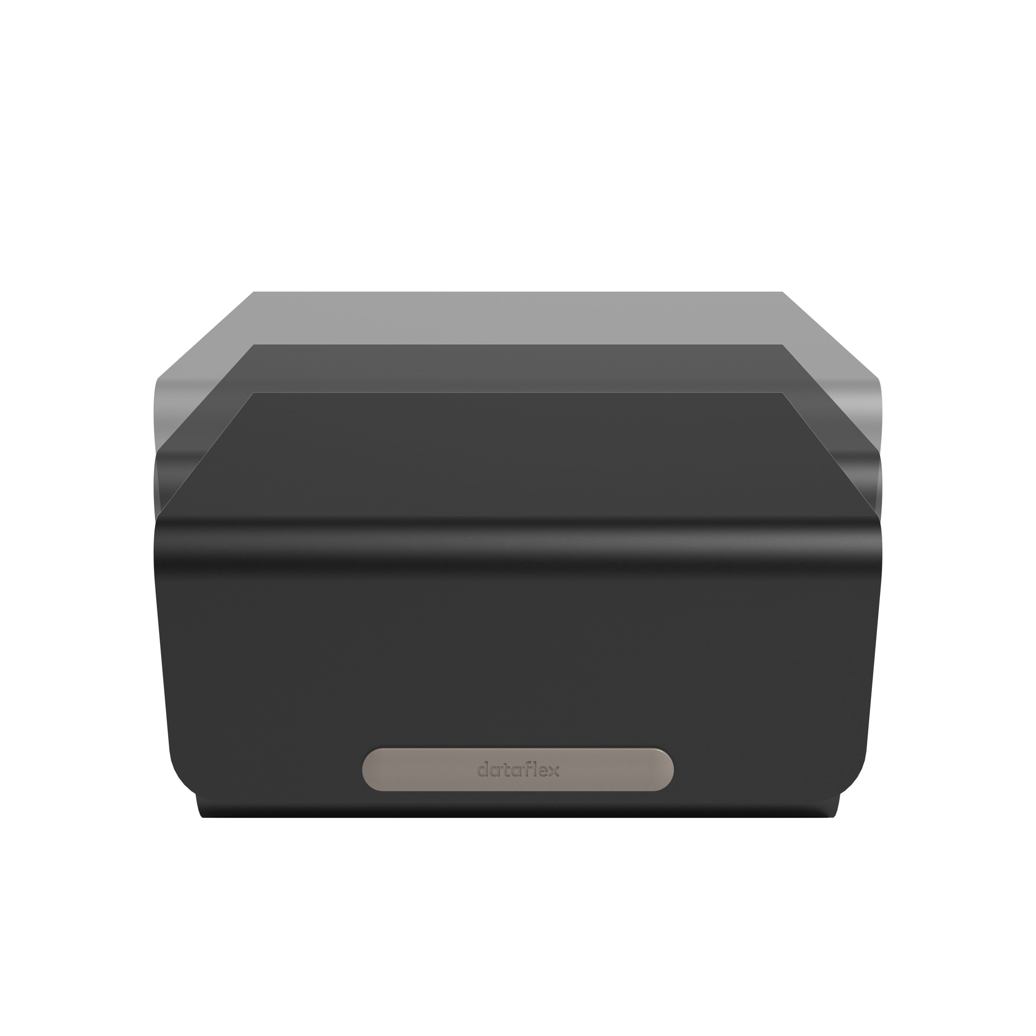 Supporto per monitor nero con un logo Datatflex. Il supporto è rettangolare.