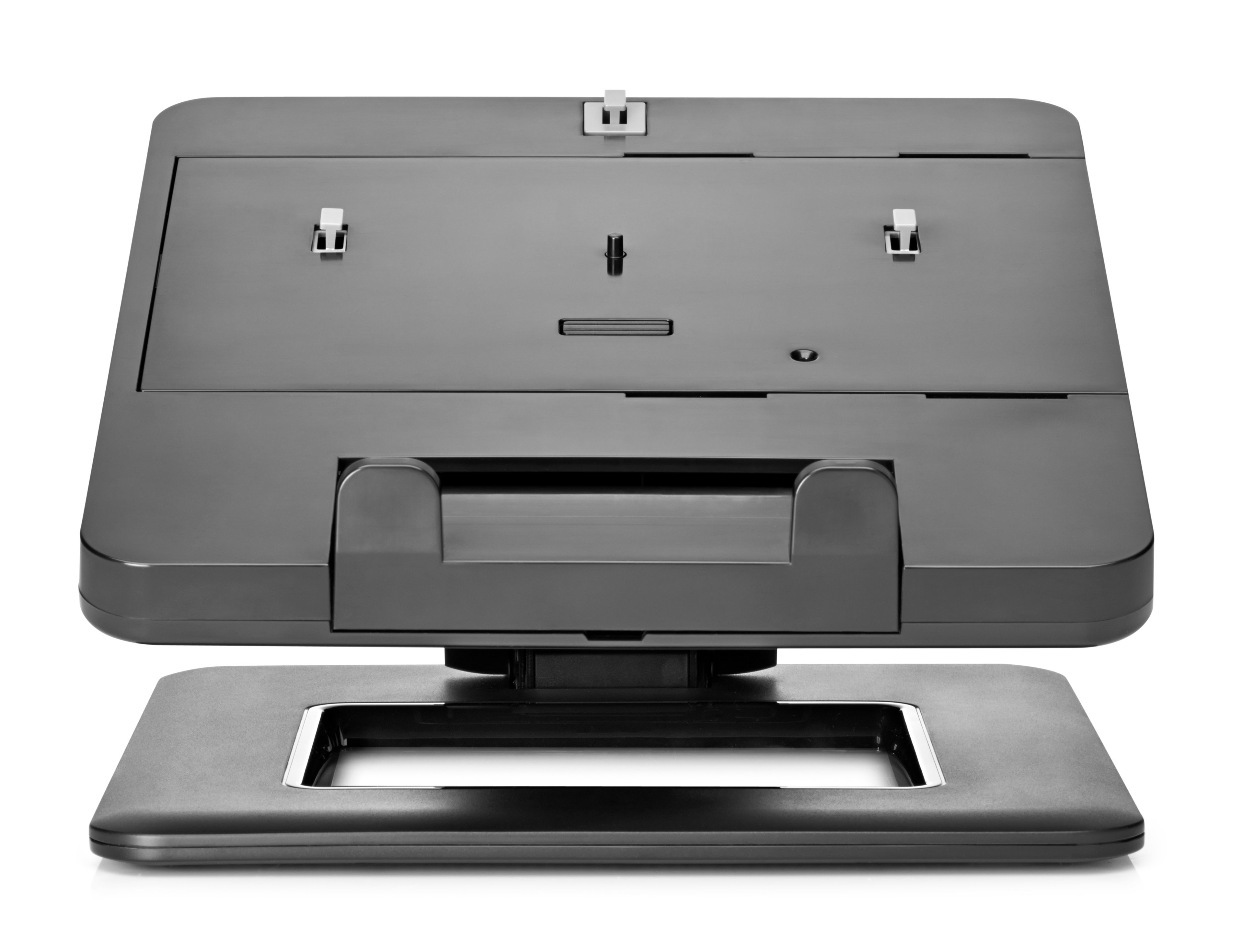 Un soporte para portátil negro con una base y una sección superior ajustable para sujetar un portátil.