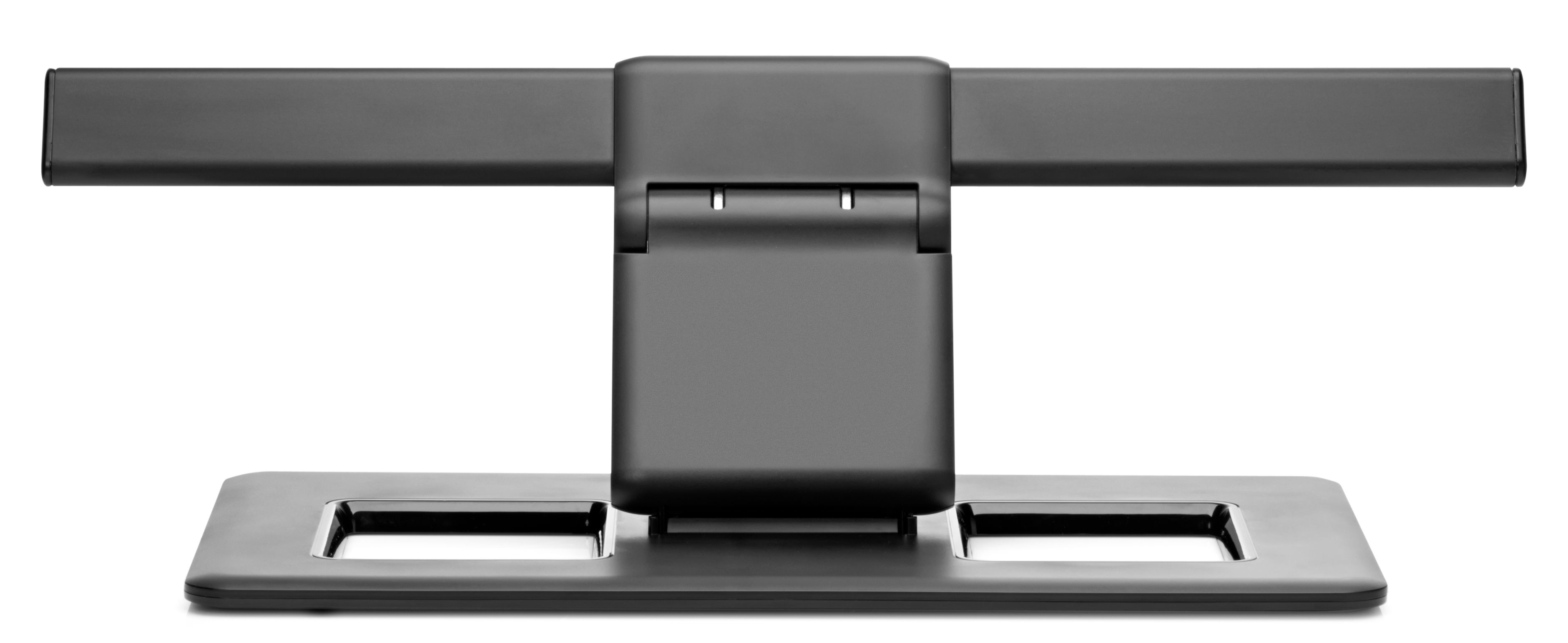 Soporte negro con base rectangular, sección vertical central y dos brazos extensibles.