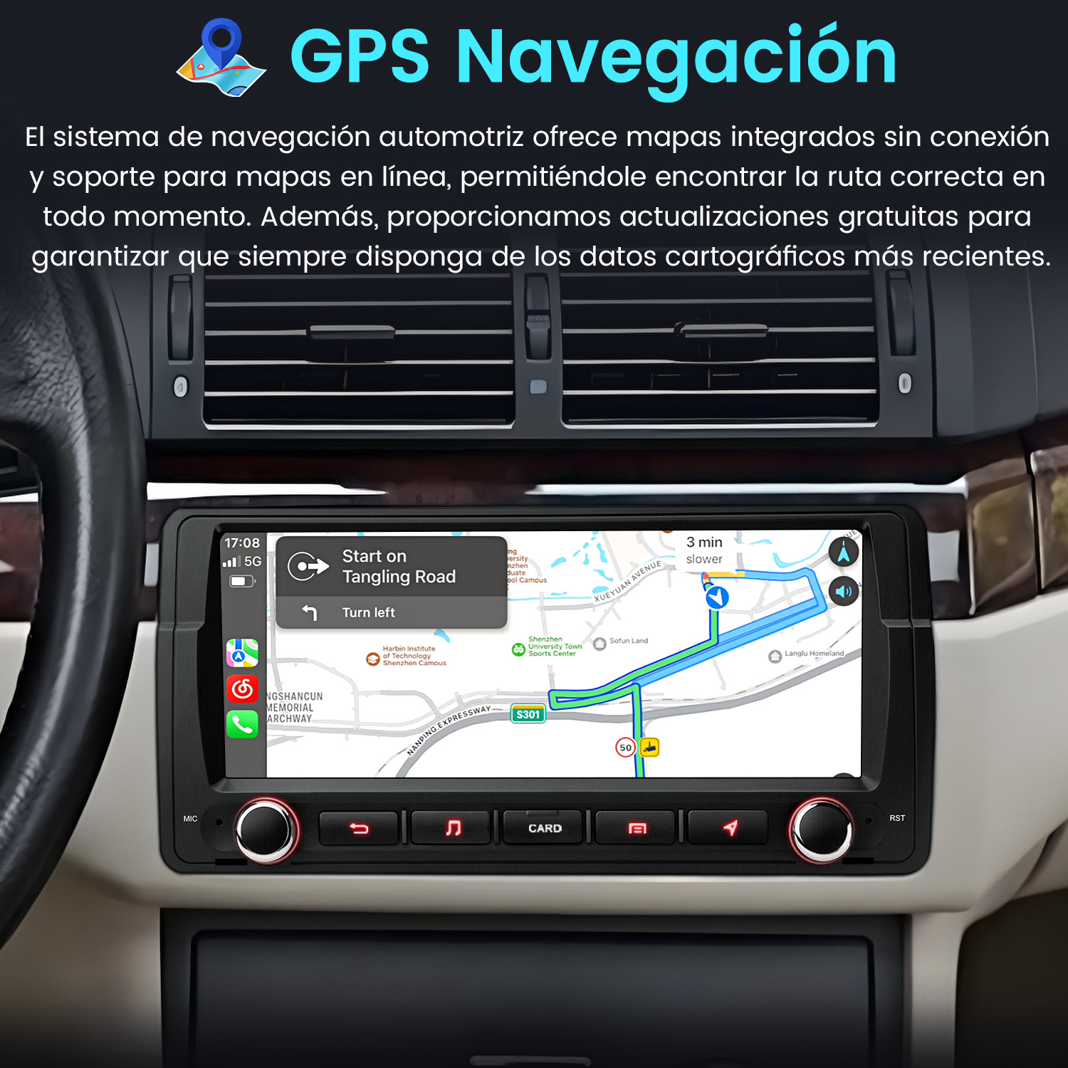 Tablero de instrumentos de coche que muestra una pantalla de navegación GPS. Interior del coche visible.