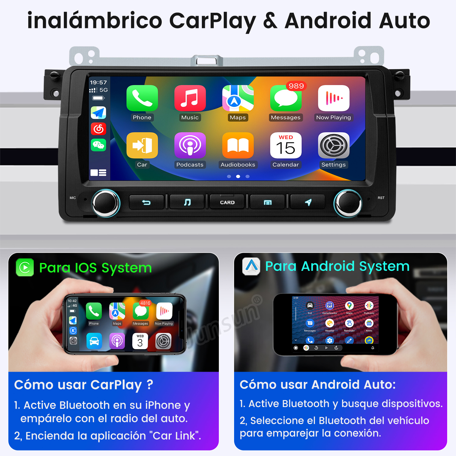 Pantalla del sistema multimedia del coche con iconos de aplicaciones, dos teléfonos, fondo blanco.