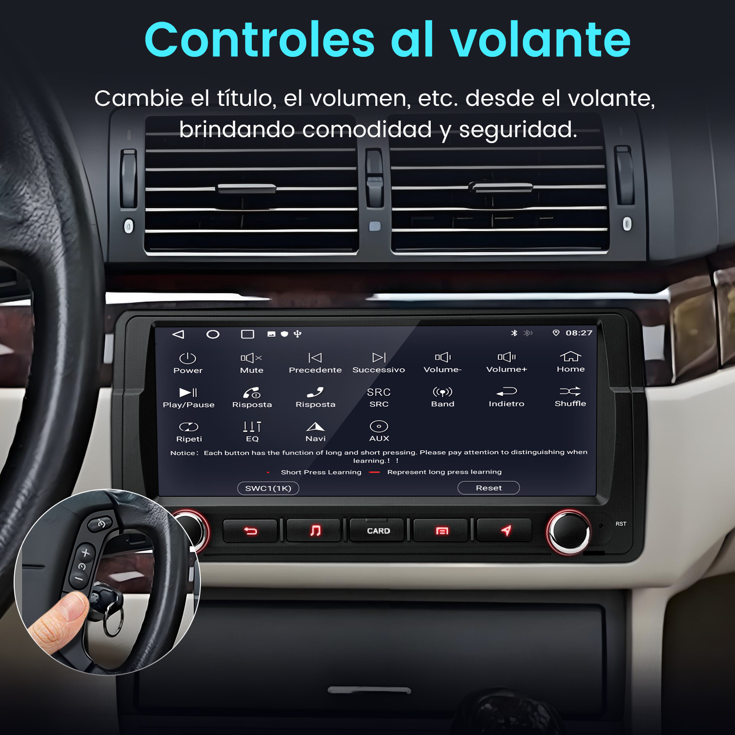 Salpicadero de coche con pantalla, mostrando diferentes opciones. Volante a la izquierda. Fondo: interior del coche.