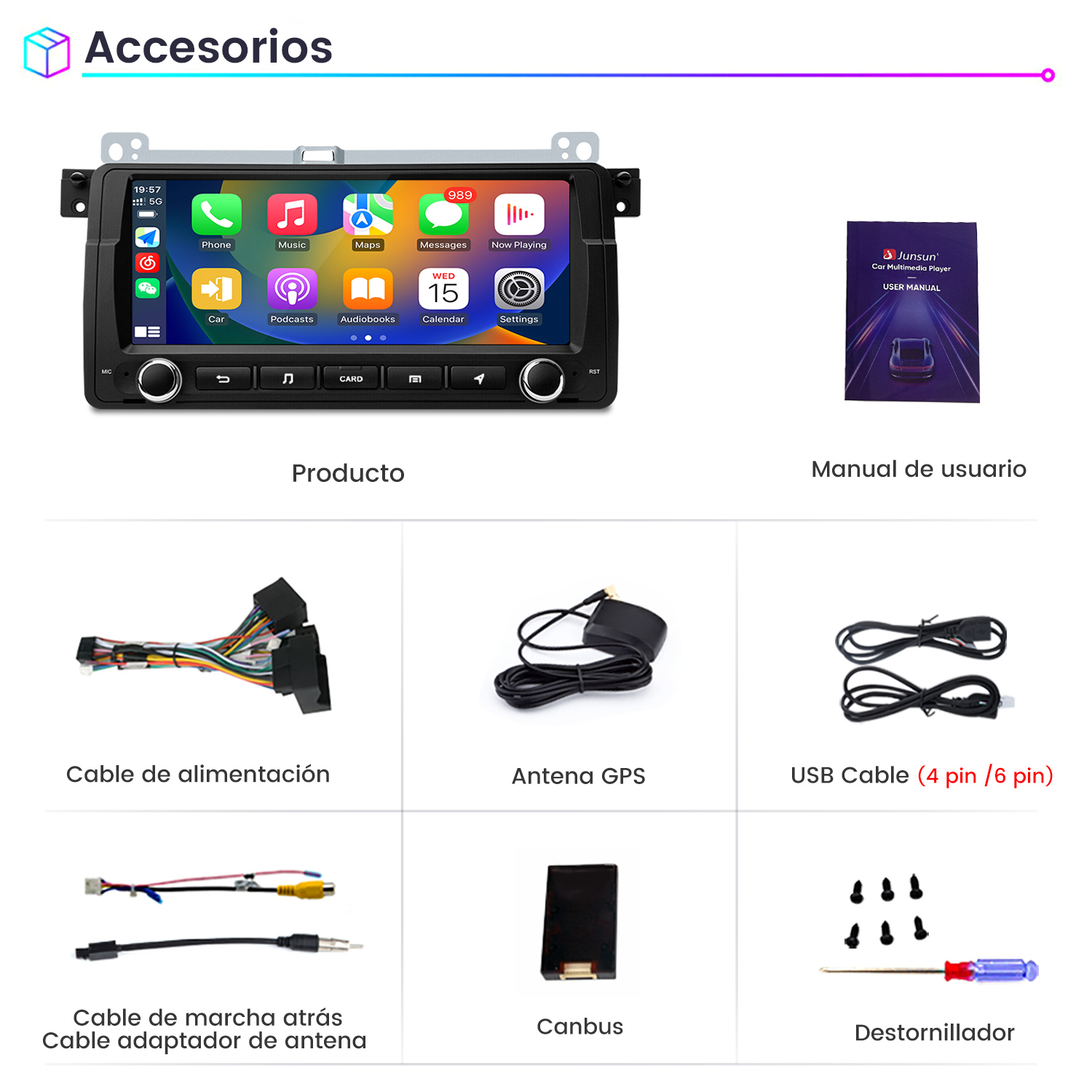 Un sistema multimedia para coche con accesorios como manual, cables y destornillador.