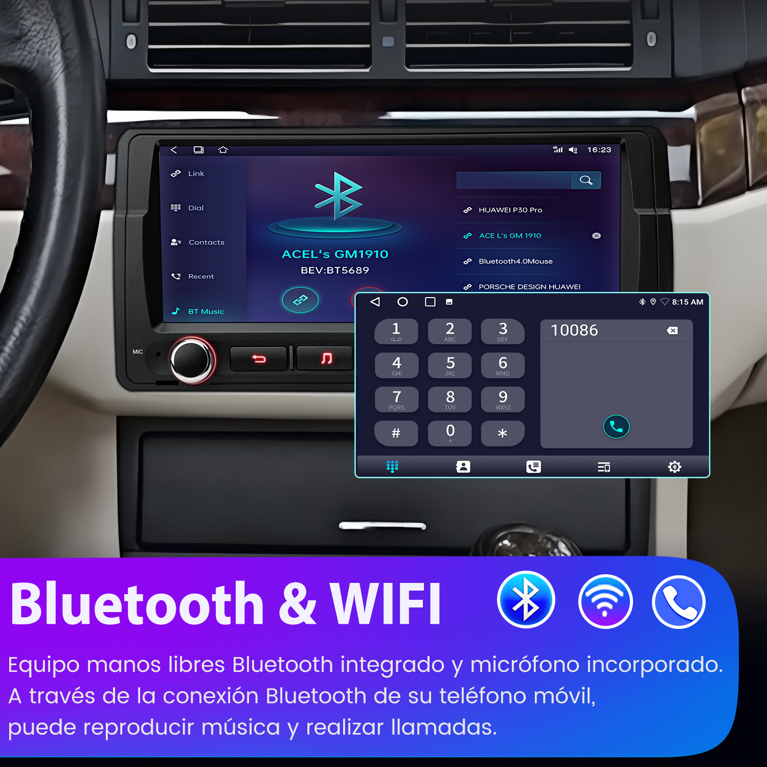 Una pantalla de estéreo de coche que muestra un teclado numérico para hacer llamadas y una interfaz de música.