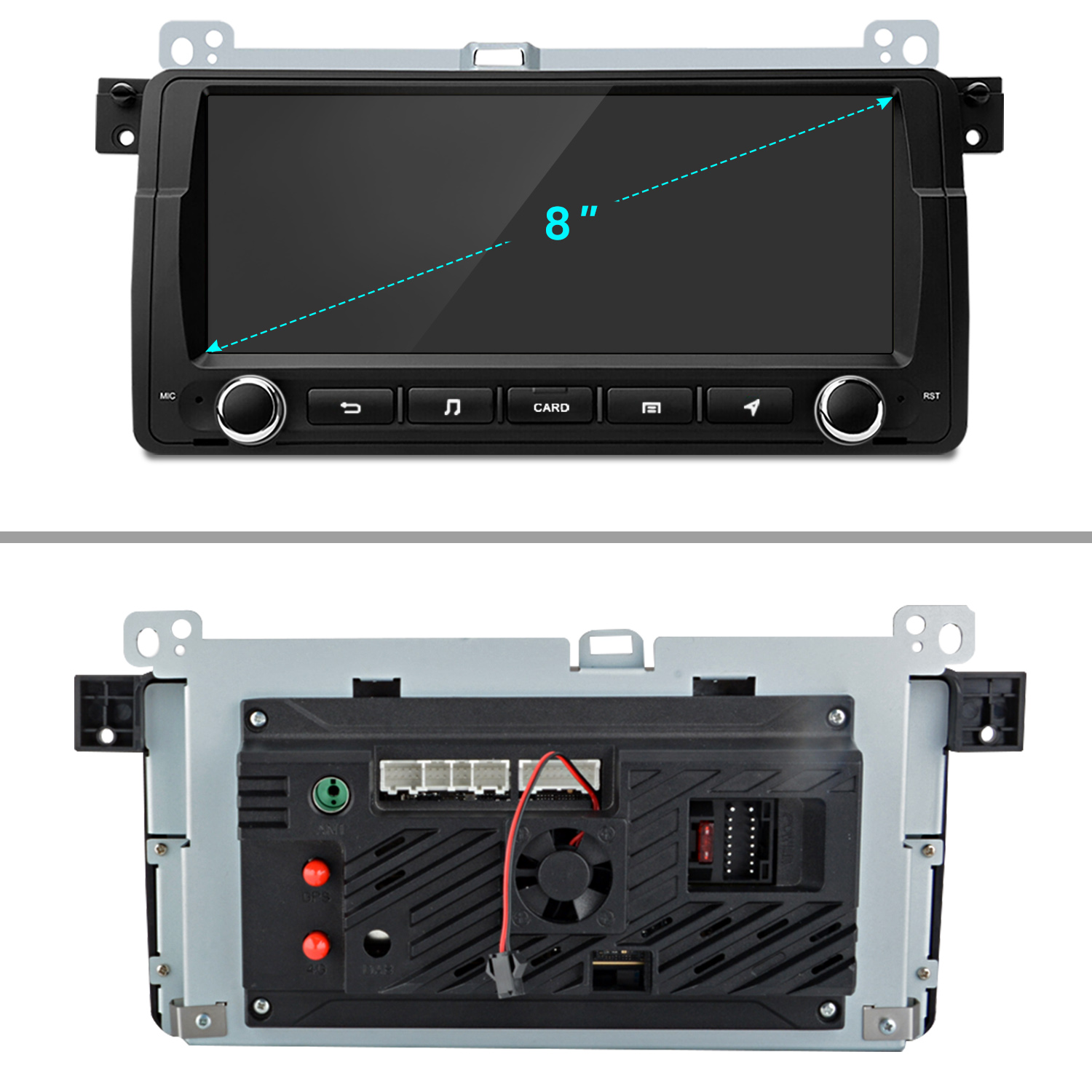 Sistema multimedia para automóvil. Vista superior muestra la pantalla, vista inferior muestra conexiones y parte trasera.