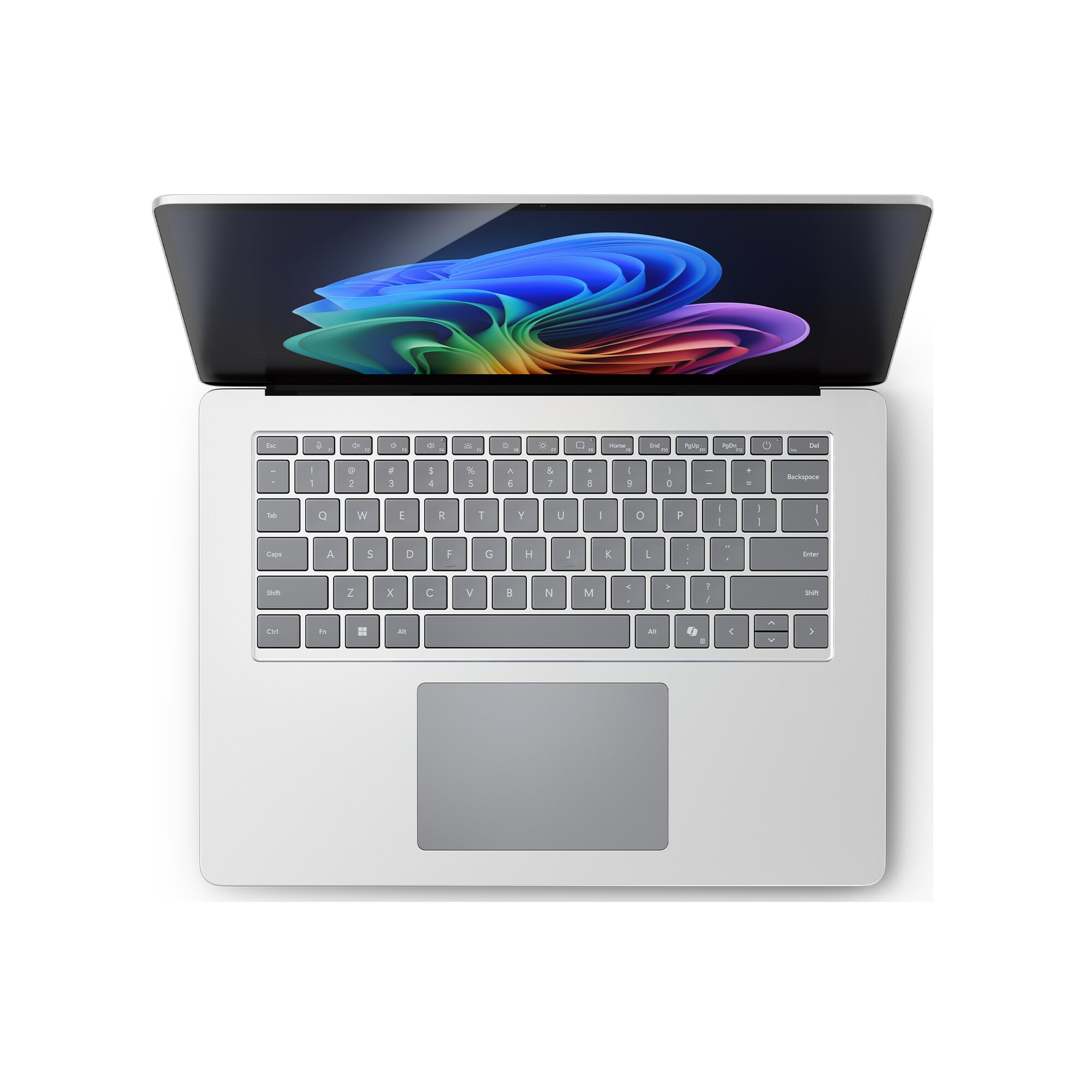 Laptop aperto con un design a spirale colorato sullo schermo.