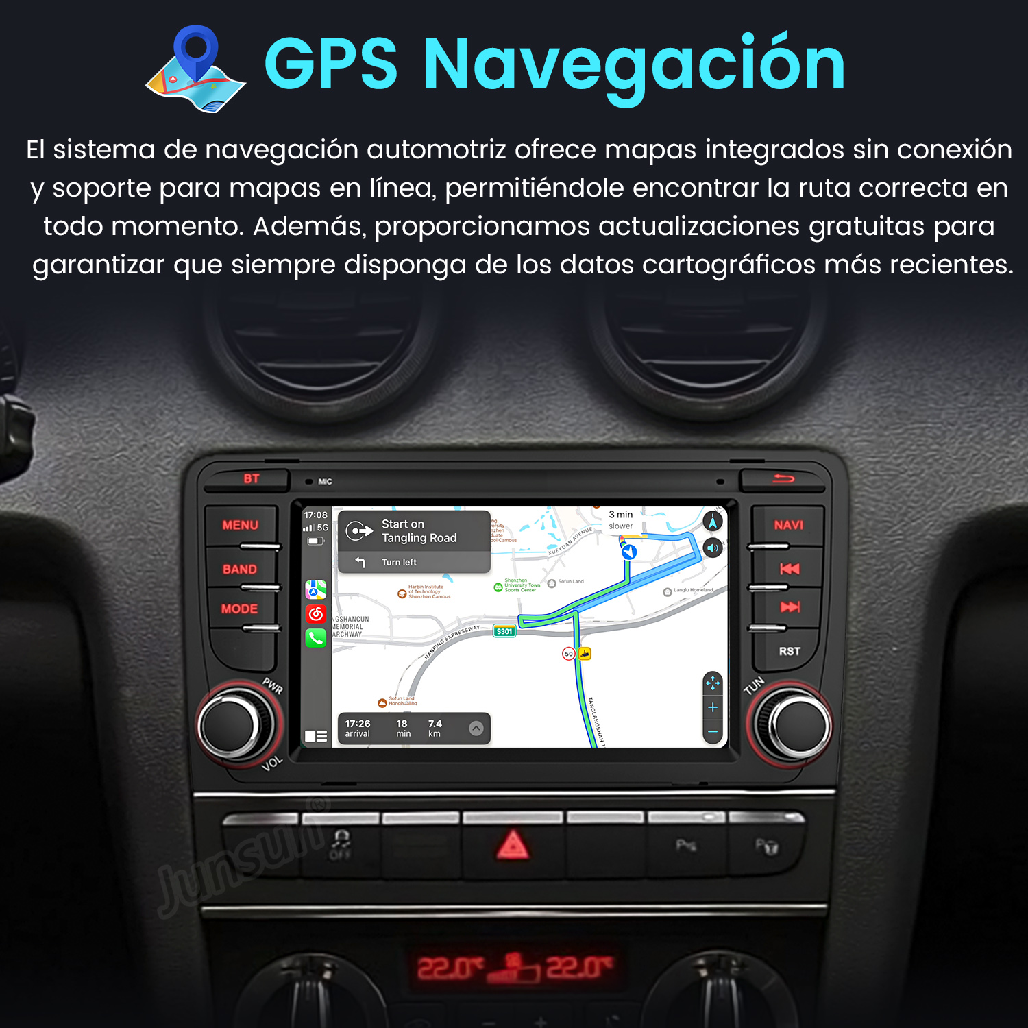 Panel de instrumentos del coche con pantalla de navegación GPS que muestra un mapa de ruta y controles de navegación.