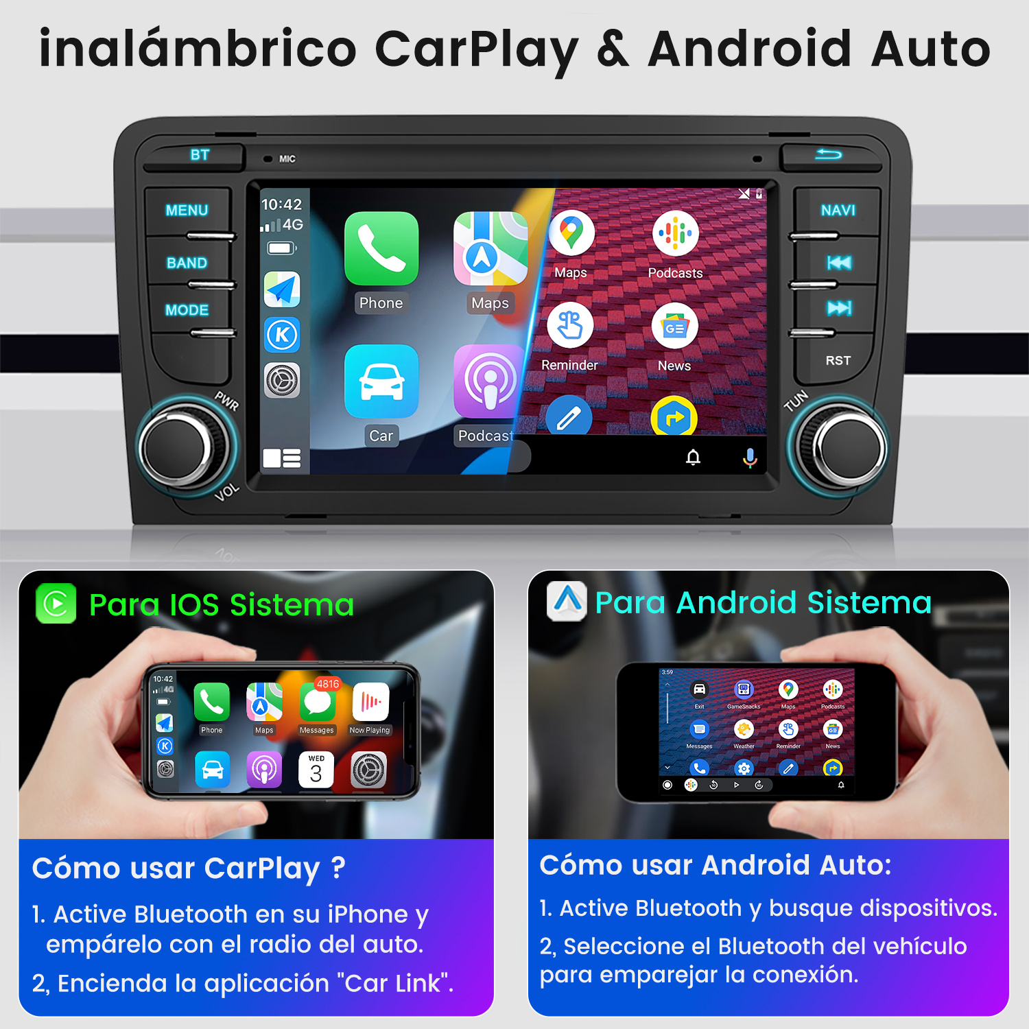 Un sistema estéreo de coche con pantalla táctil. Dos imágenes más pequeñas muestran cómo usar CarPlay y Android Auto.