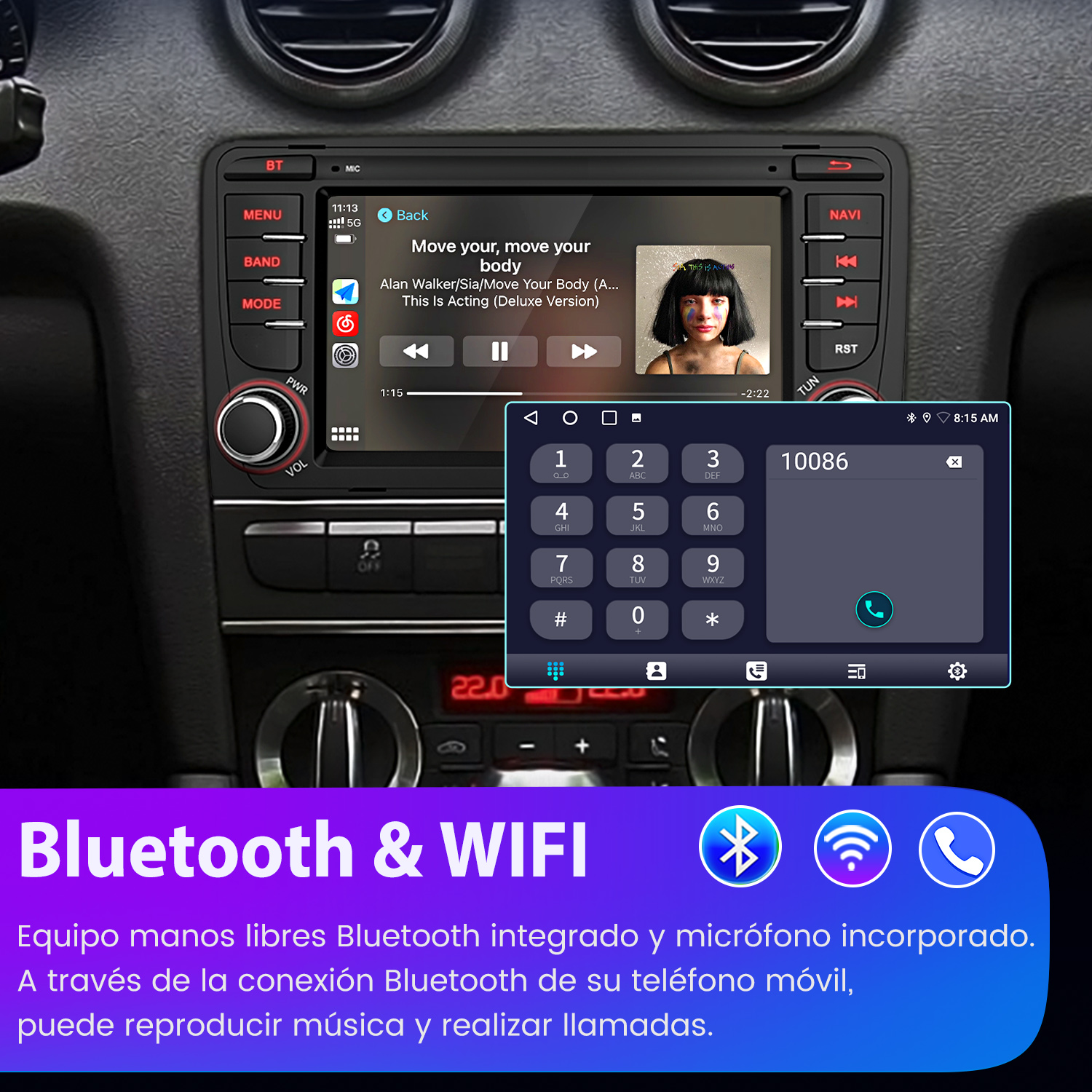 Pantalla de radio de coche mostrando música y teclado numérico, con iconos Bluetooth y WiFi.