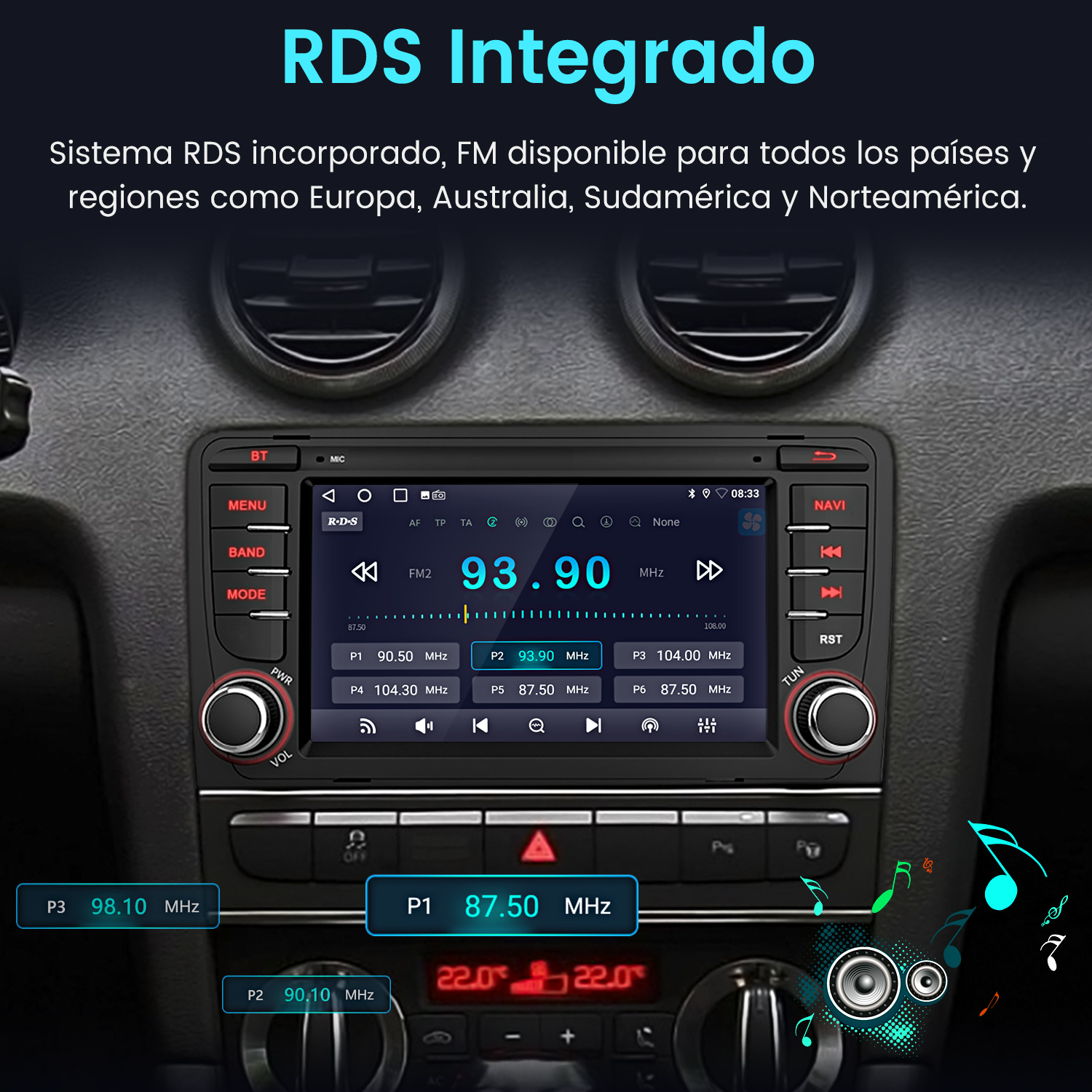 Pantalla de radio de coche que muestra la interfaz de radio FM. Mostrada dentro de un coche.