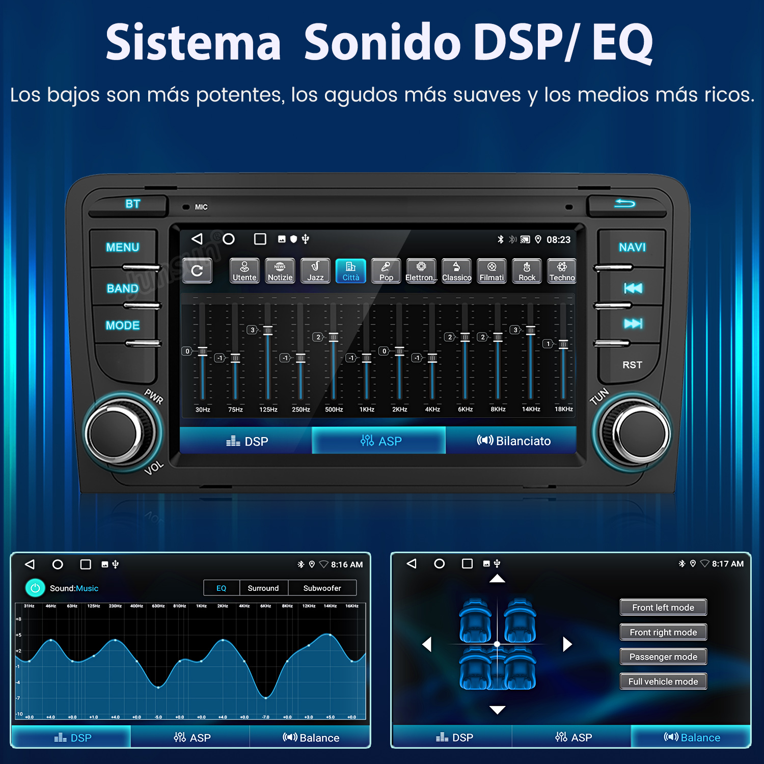 Sistema estéreo de coche con pantalla que muestra controles para diferentes configuraciones de audio.