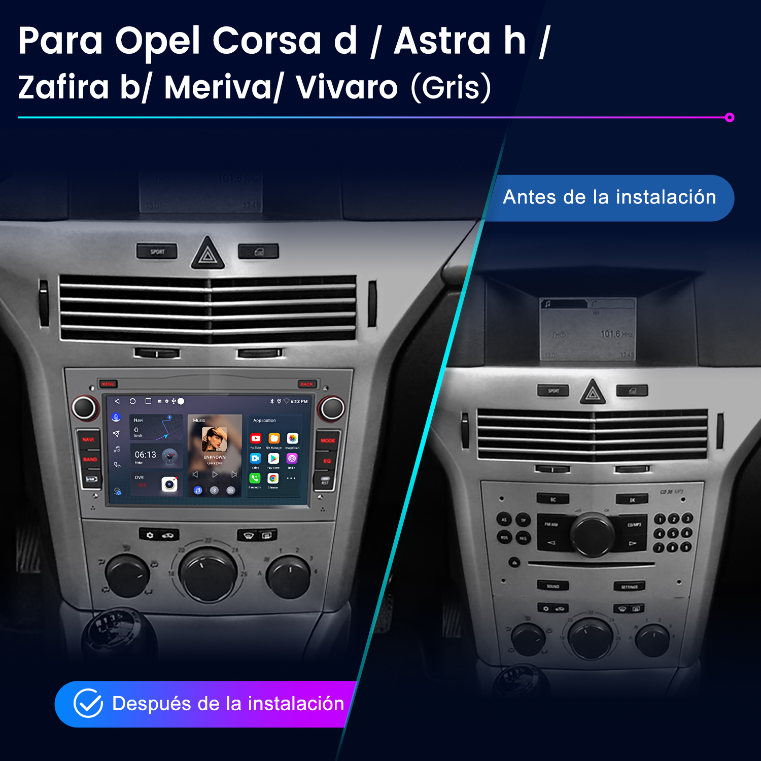 Salpicadero de coche con pantalla, antes y después de la instalación. Muestra el interior del coche.