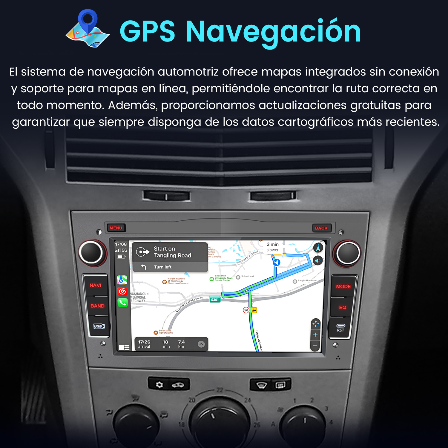 Pantalla de navegación del coche mostrando un mapa con una ruta resaltada. Muestra tiempo, distancia e indicaciones.