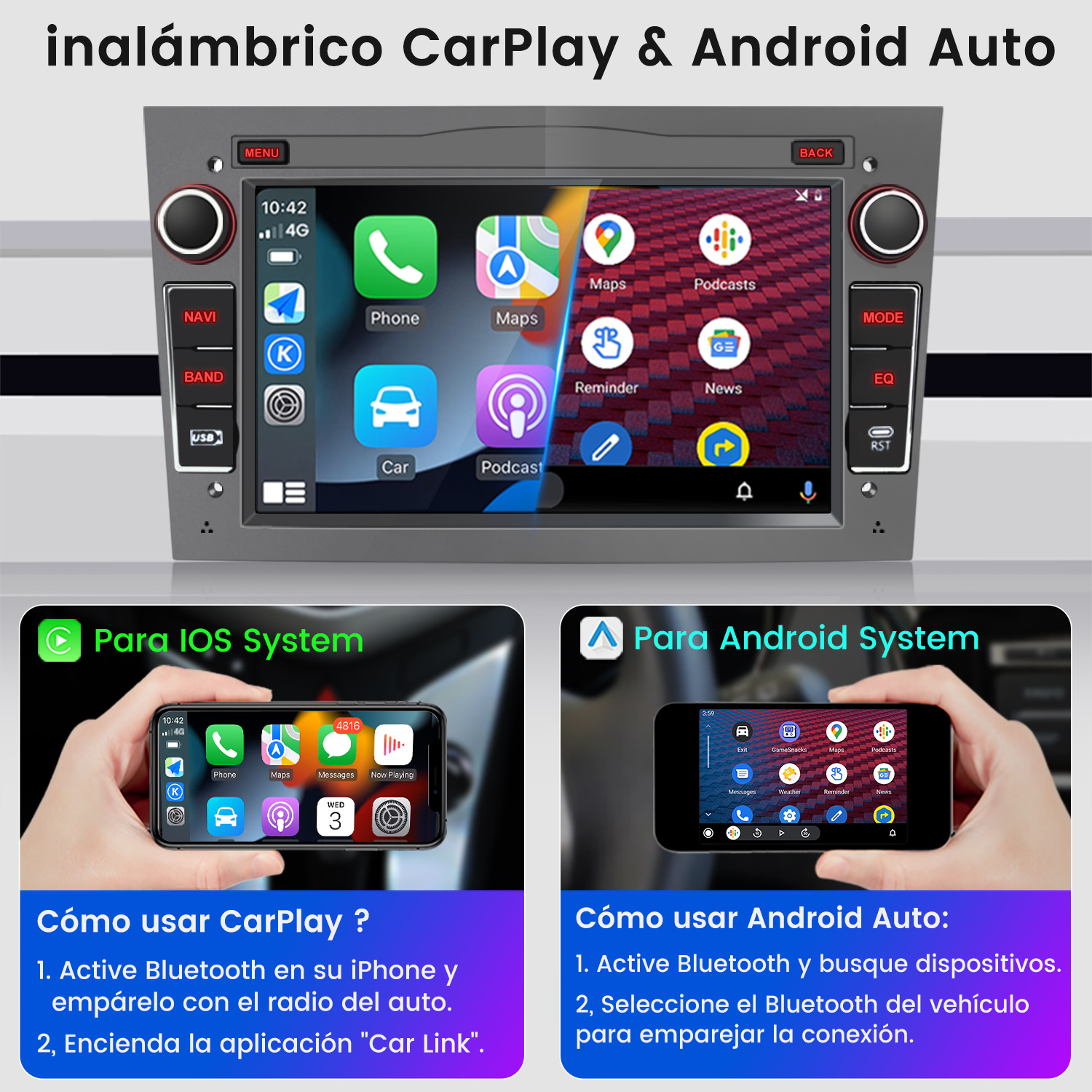 Pantalla del sistema multimedia del coche, mostrando apps, con instrucciones sobre cómo usar CarPlay & Android Auto.
