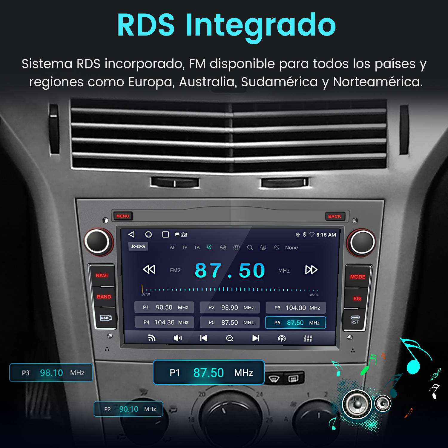 Radio de coche con RDS, mostrando información de emisoras y botones de control.