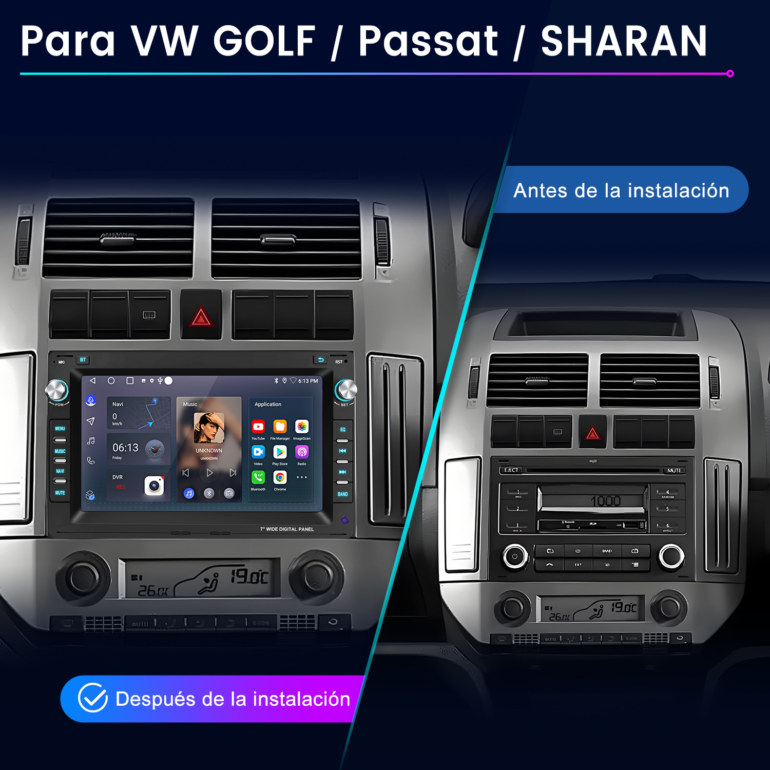 Comparación de la instalación del sistema multimedia del coche. Muestra antes y después de instalar una pantalla táctil en un coche.