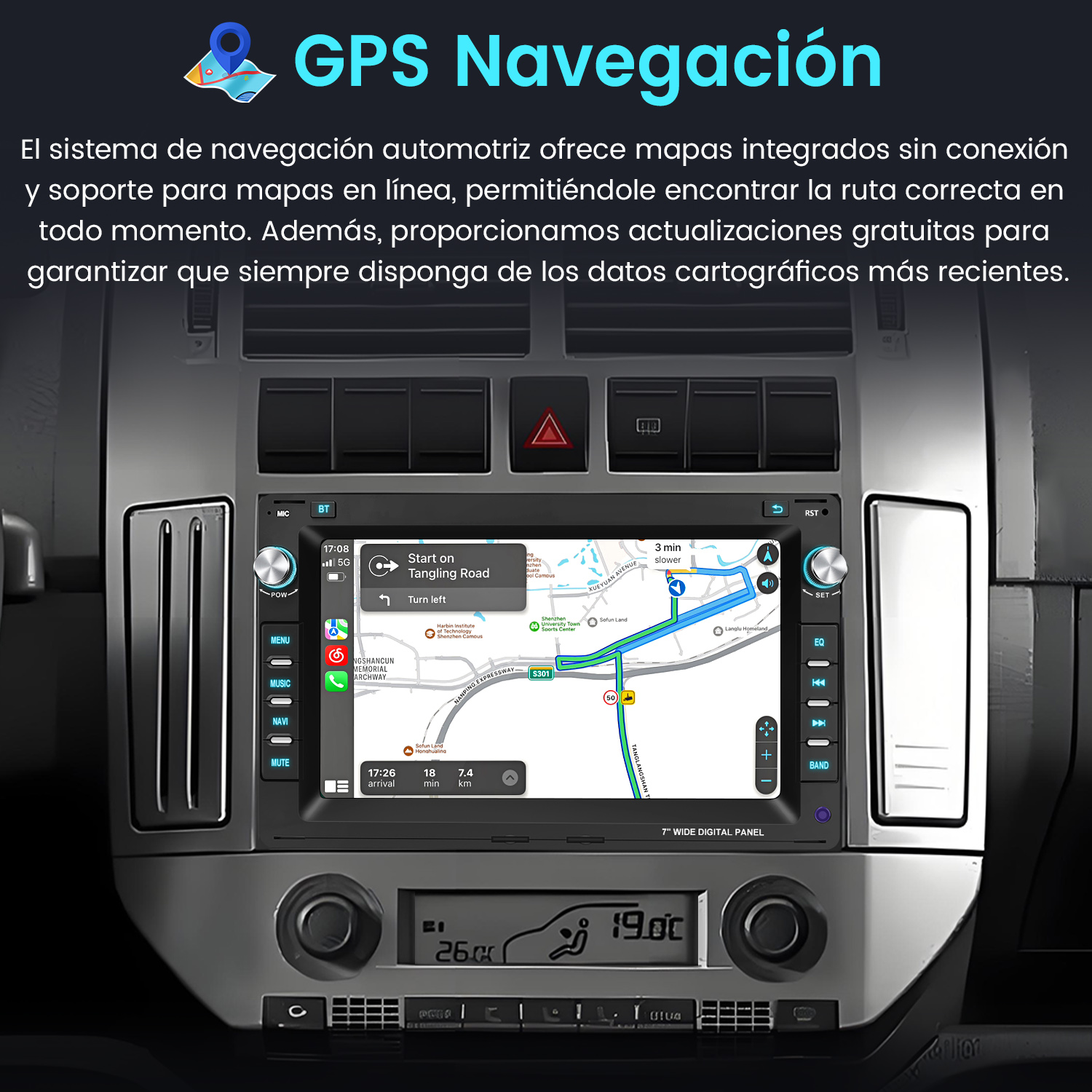 Una pantalla de radio de coche muestra una interfaz de mapa de navegación GPS.