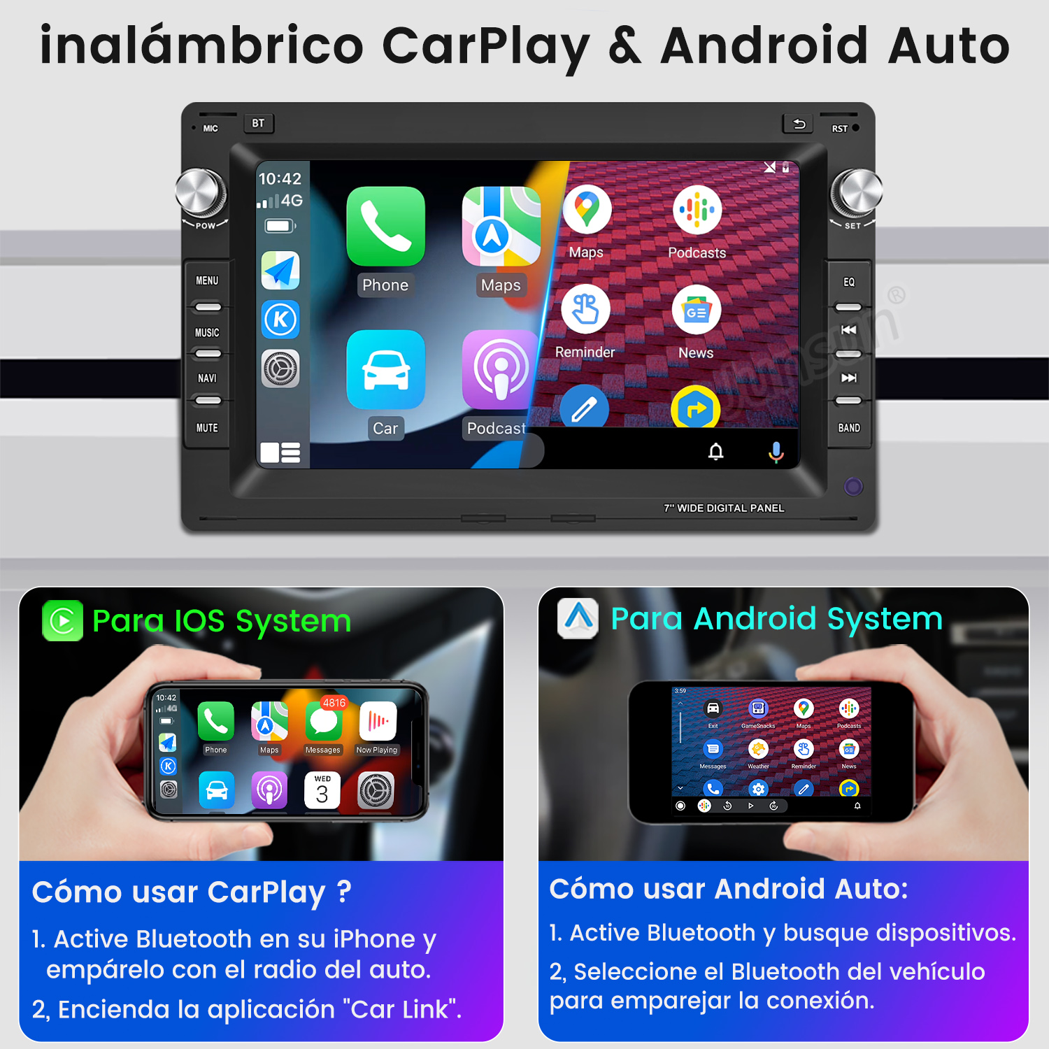 Pantalla de radio de coche mostrando iconos de aplicaciones, con dos teléfonos mostrando instrucciones de CarPlay y Android Auto.