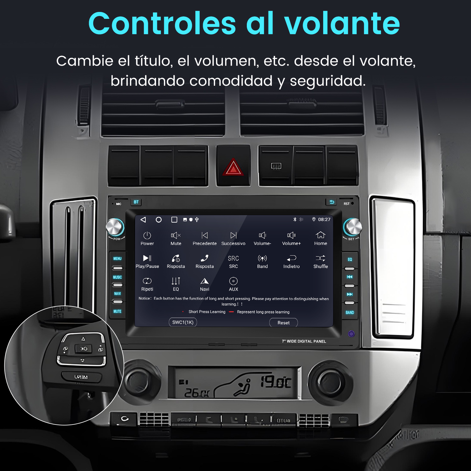 Panel de radio de coche con botones y pantalla. Texto: Controles en el volante.