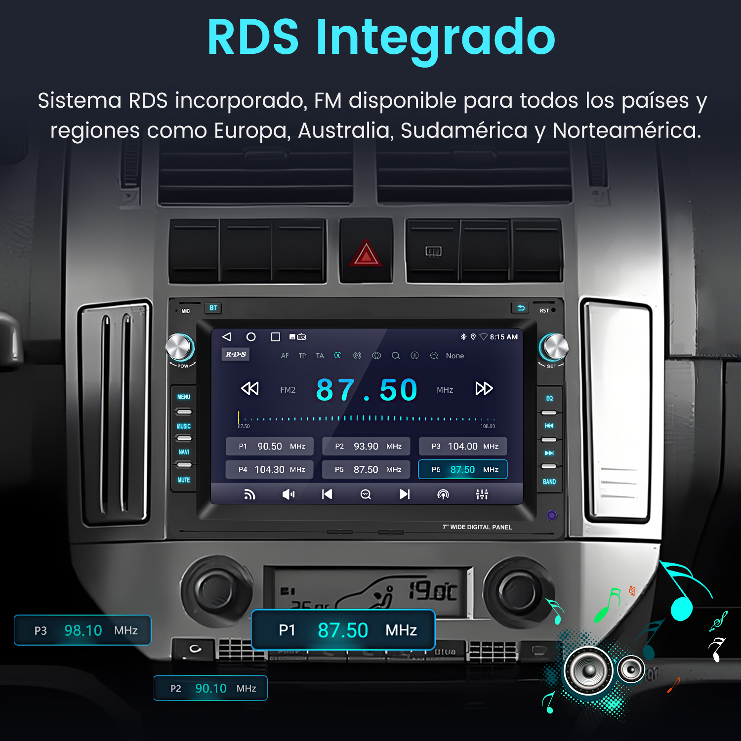 Radio de coche que muestra información de radio FM en su pantalla con múltiples estaciones preestablecidas.